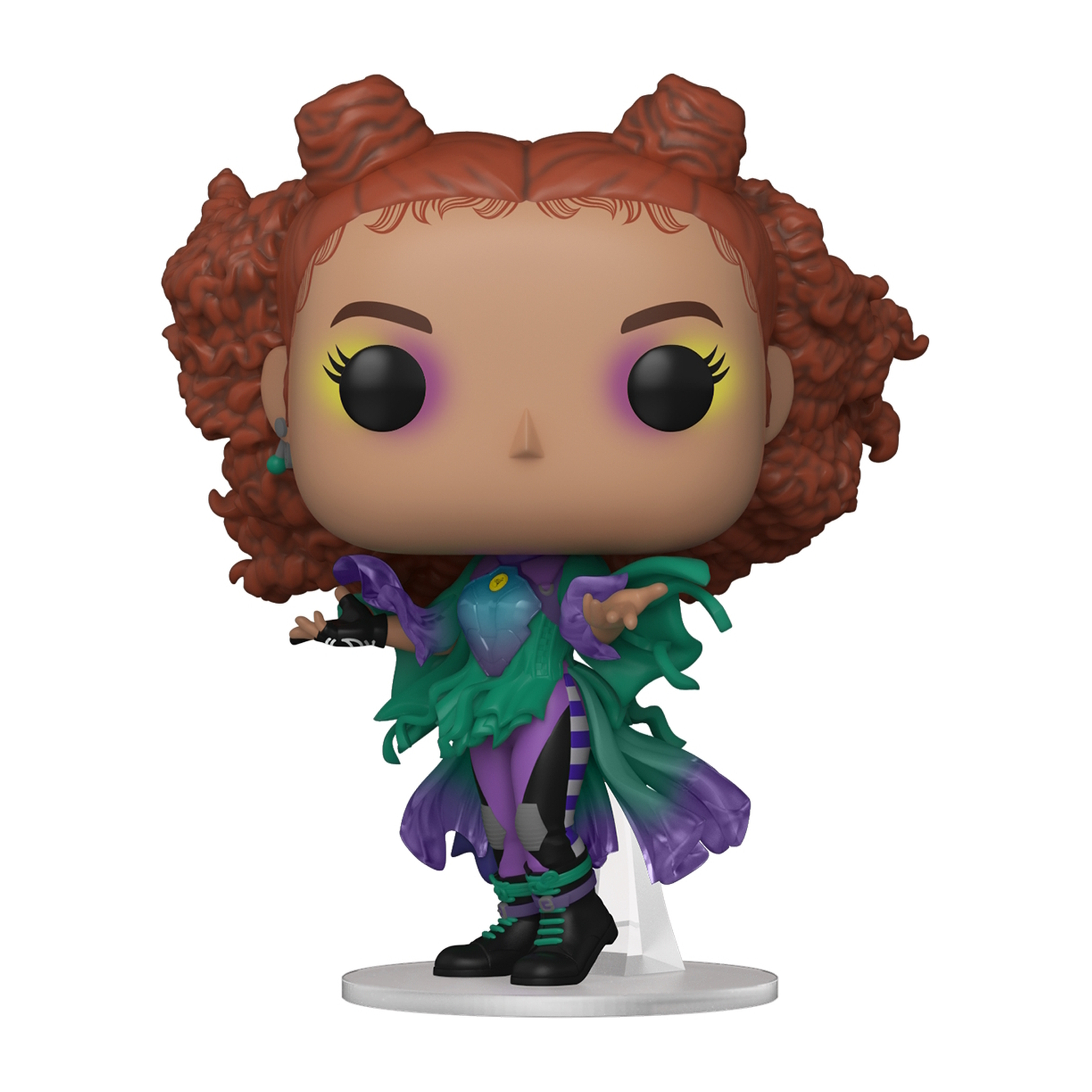 Funko Pop of a woman with orange hair, green and purple outfit, standing on a stand.