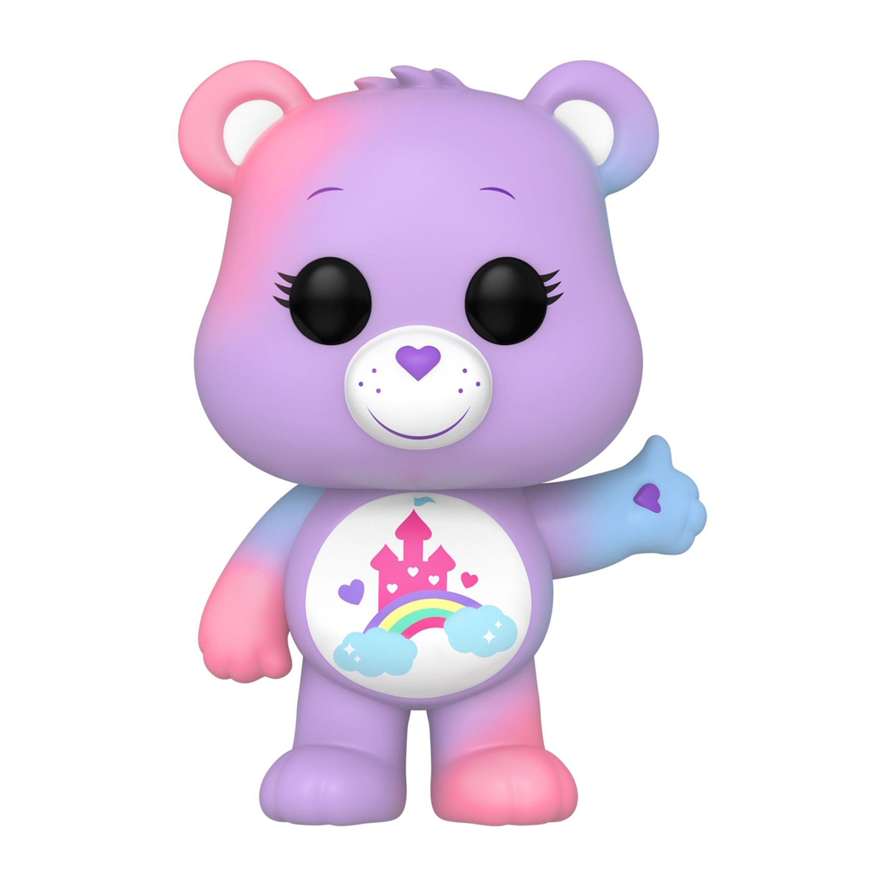 Eine lila Care Bear Figur mit einem Regenbogen und Schloss auf dem Bauch, Daumen hoch.