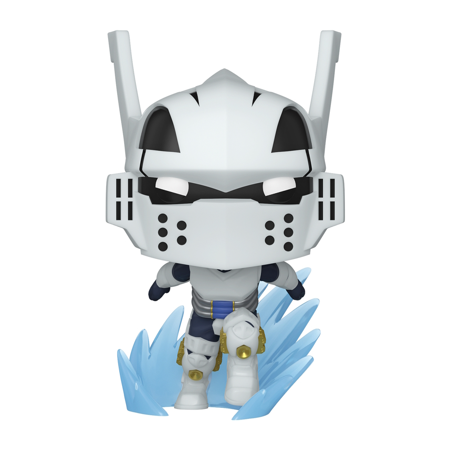 Weiße Anime-Figur mit Helm, zwei Antennen und eisähnlicher Basis.