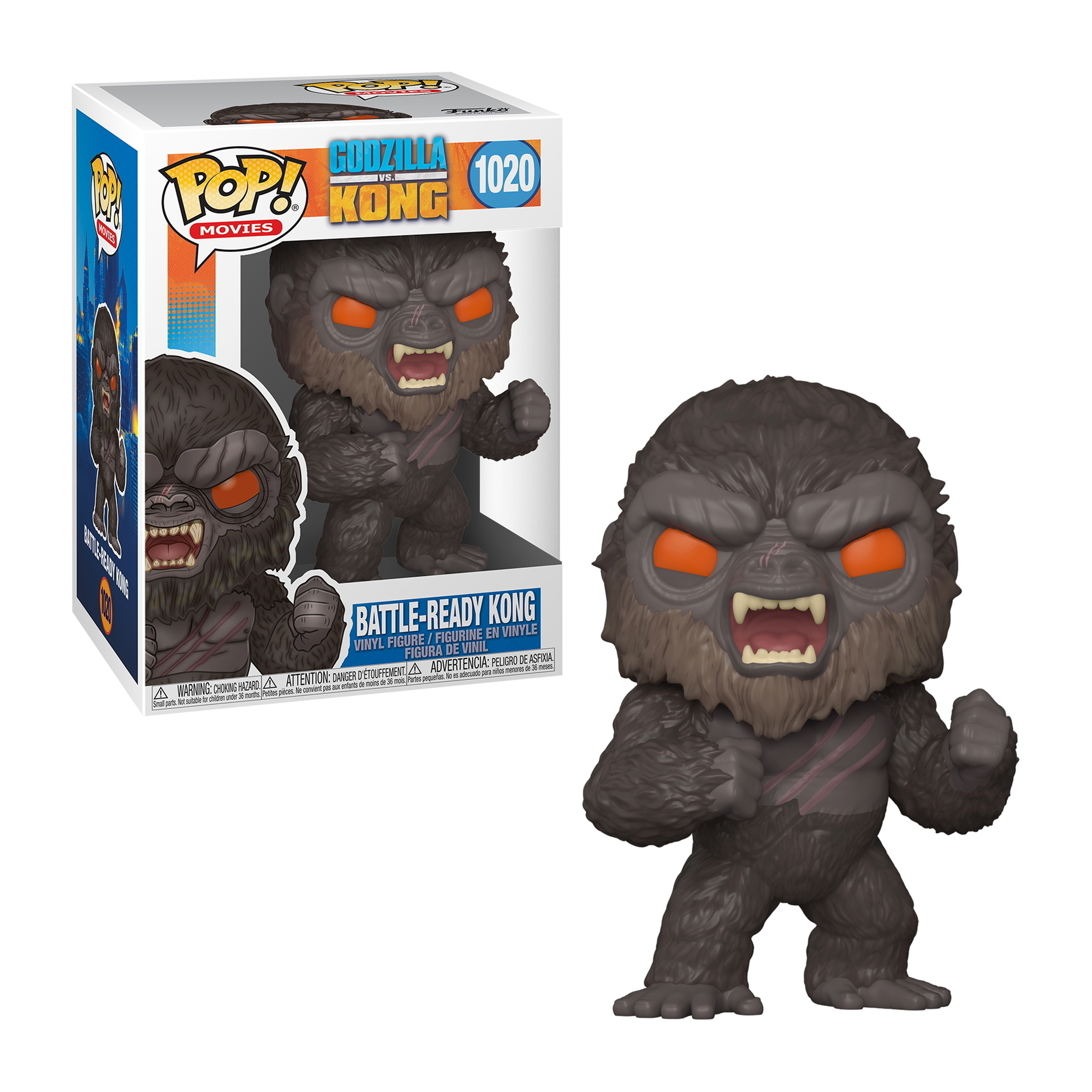 Figurka Kong Battle-Ready z filmu Godzilla kontra Kong z pudełkiem. Kong jest ciemnoszary, stoi, jest zły i ma pomarańczowe oczy.