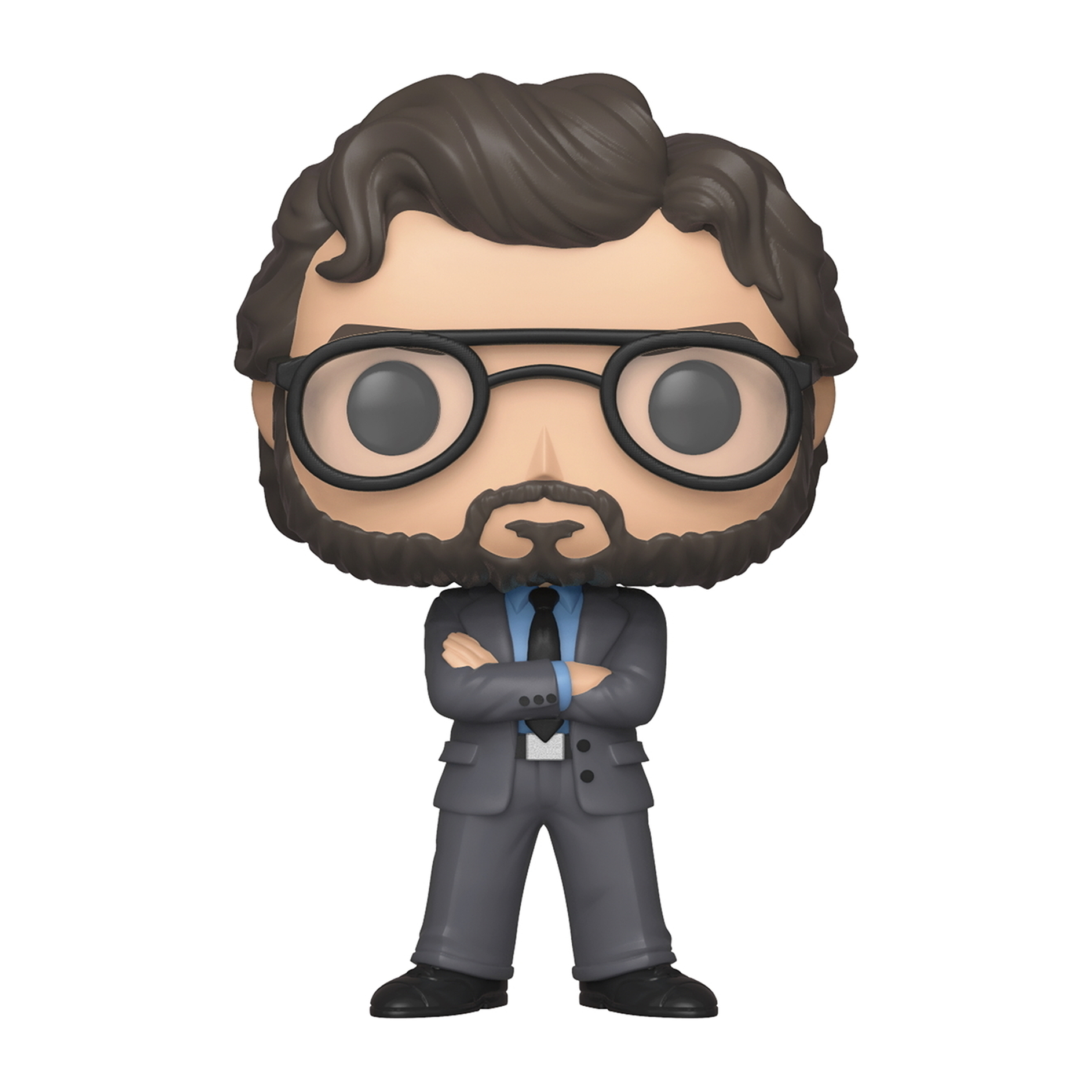 Funko Pop Figur eines Mannes mit Brille, Bart, trägt einen grauen Anzug. Weißer Hintergrund.