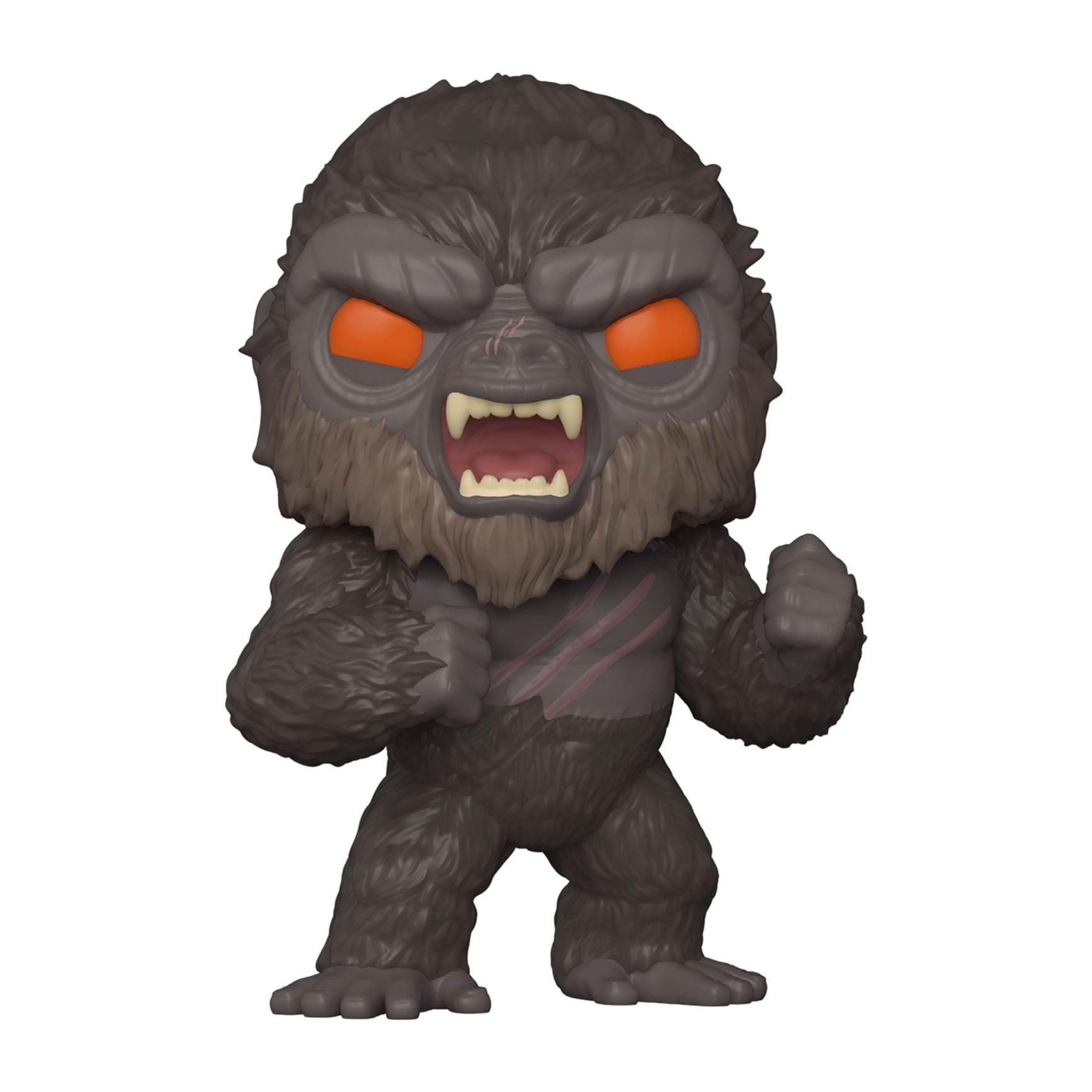 Stylizowana, ciemnoszara figura małpy z pomarańczowymi oczami, otwartymi ustami i zaciśniętymi pięściami, w walce.