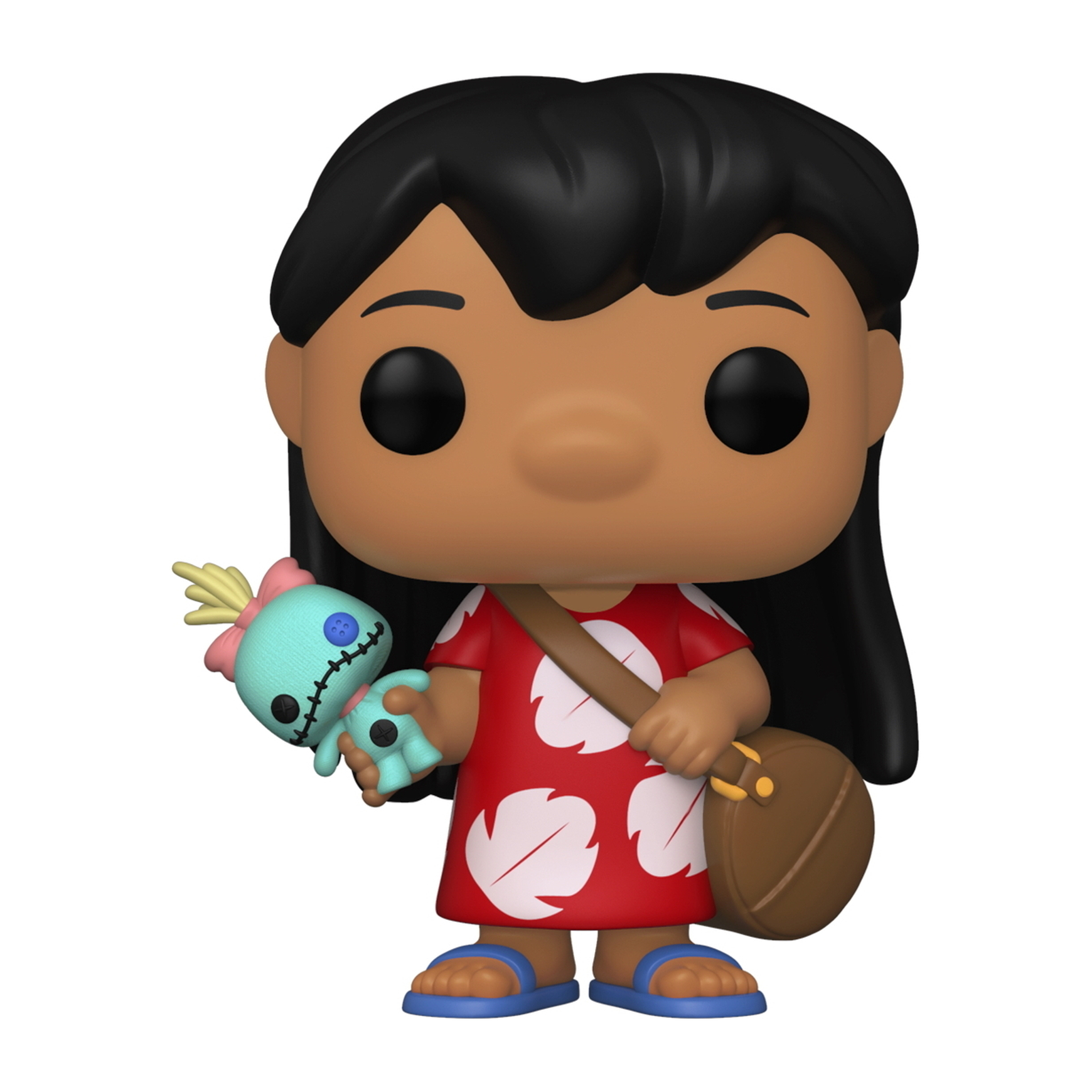 Figura di Lilo con bambola e borsa. Indossa un vestito rosso con fiori bianchi, ha i capelli neri.