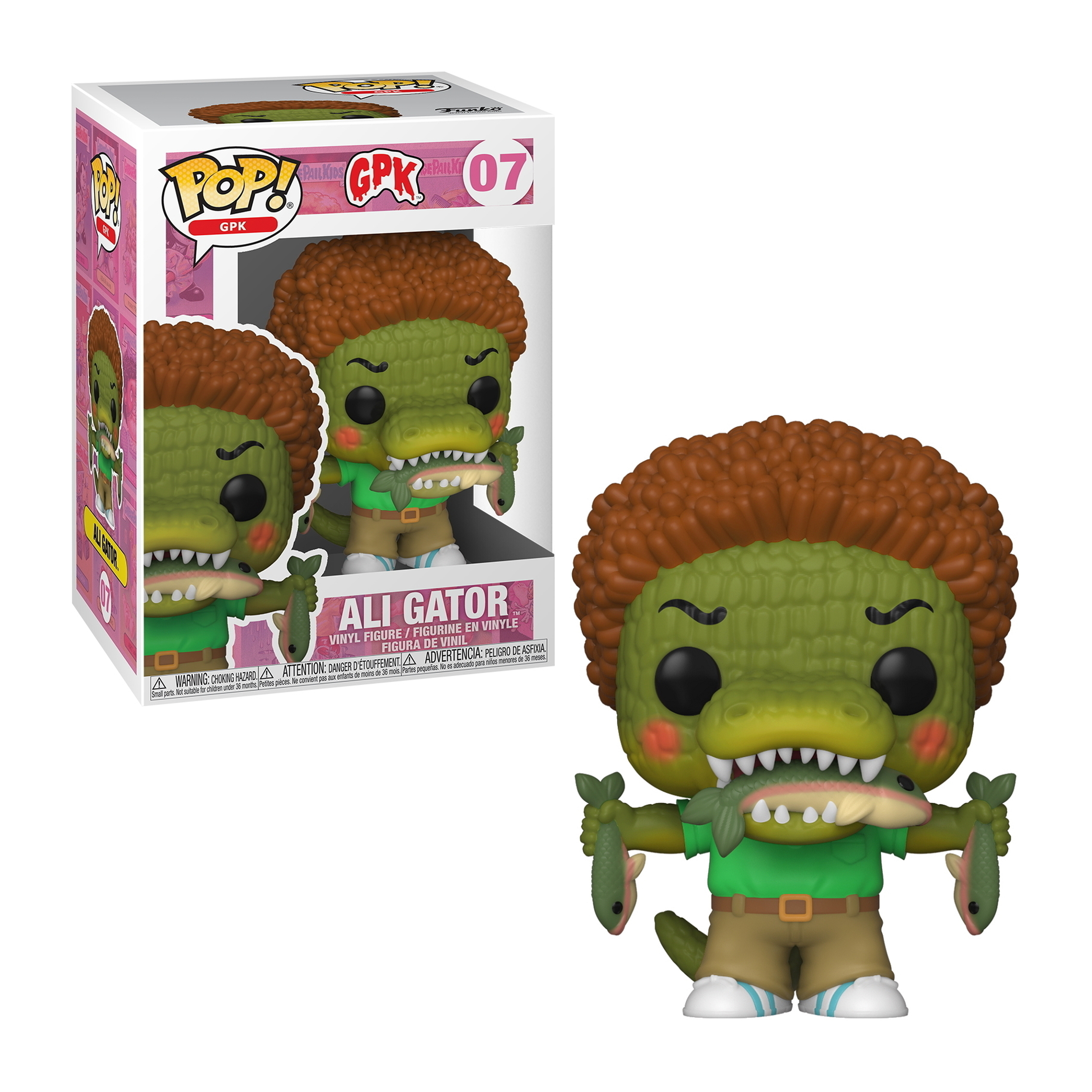 Eine Spielfigur von Ali Gator mit grünem Kopf, braunem Haar und hält Fische. Eine Box daneben.