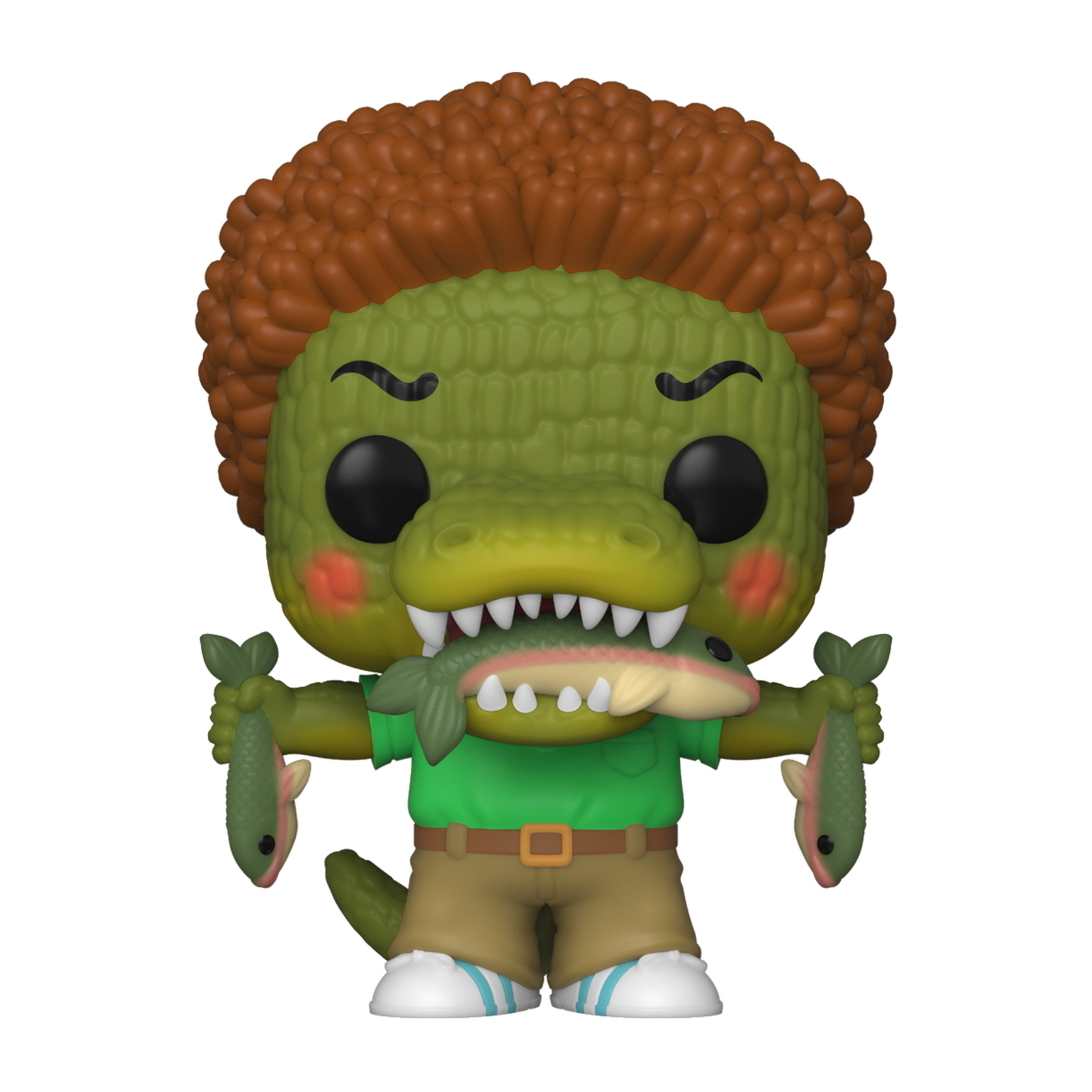 Funko Pop! Figur einer grünen, krokodilartigen Figur, die zwei Fische in spielerischer Pose hält.