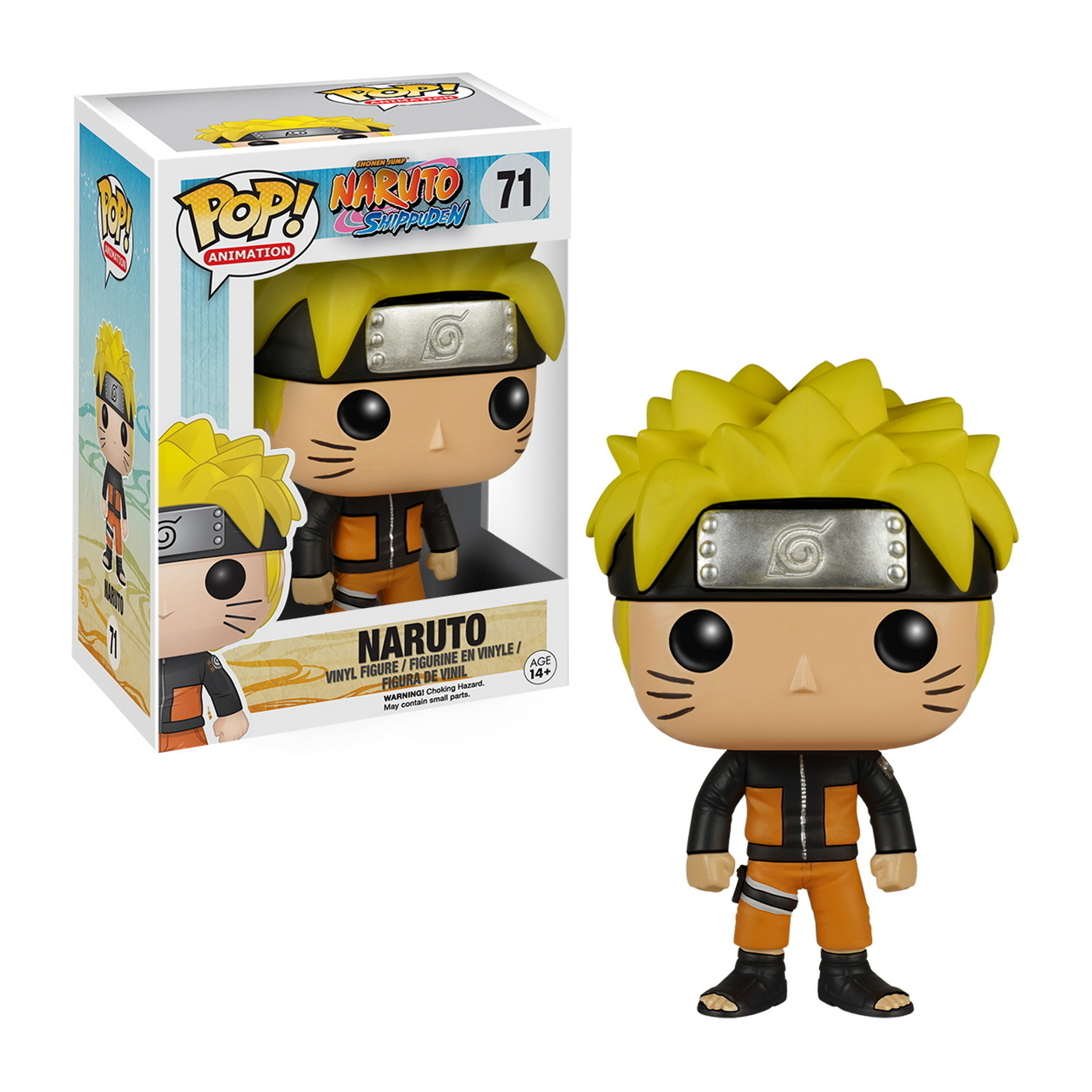 Figurka Funko Pop Naruto i pudełko. Żółte włosy, pomarańczowy strój i czarna opaska.