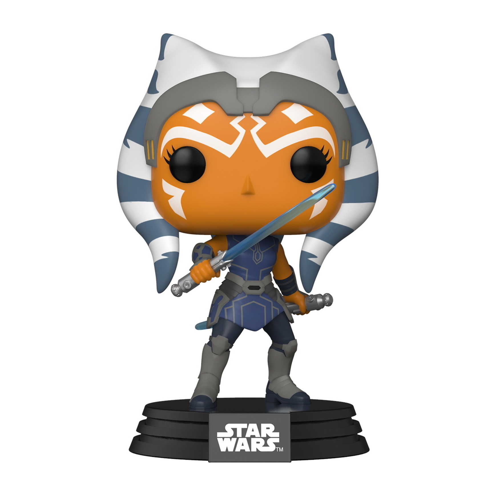 Statuina Funko Pop di Ahsoka Tano. Pelle arancione, code bianche e blu, spade laser.