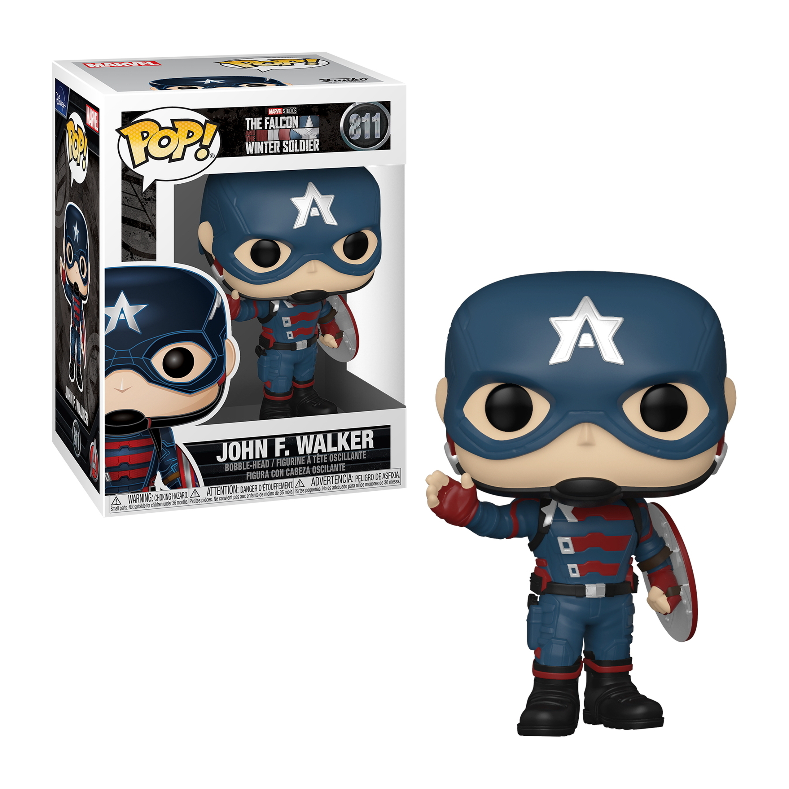 Eine Funko Pop Figur von John F. Walker in einem Captain America Outfit, die Box im Hintergrund.