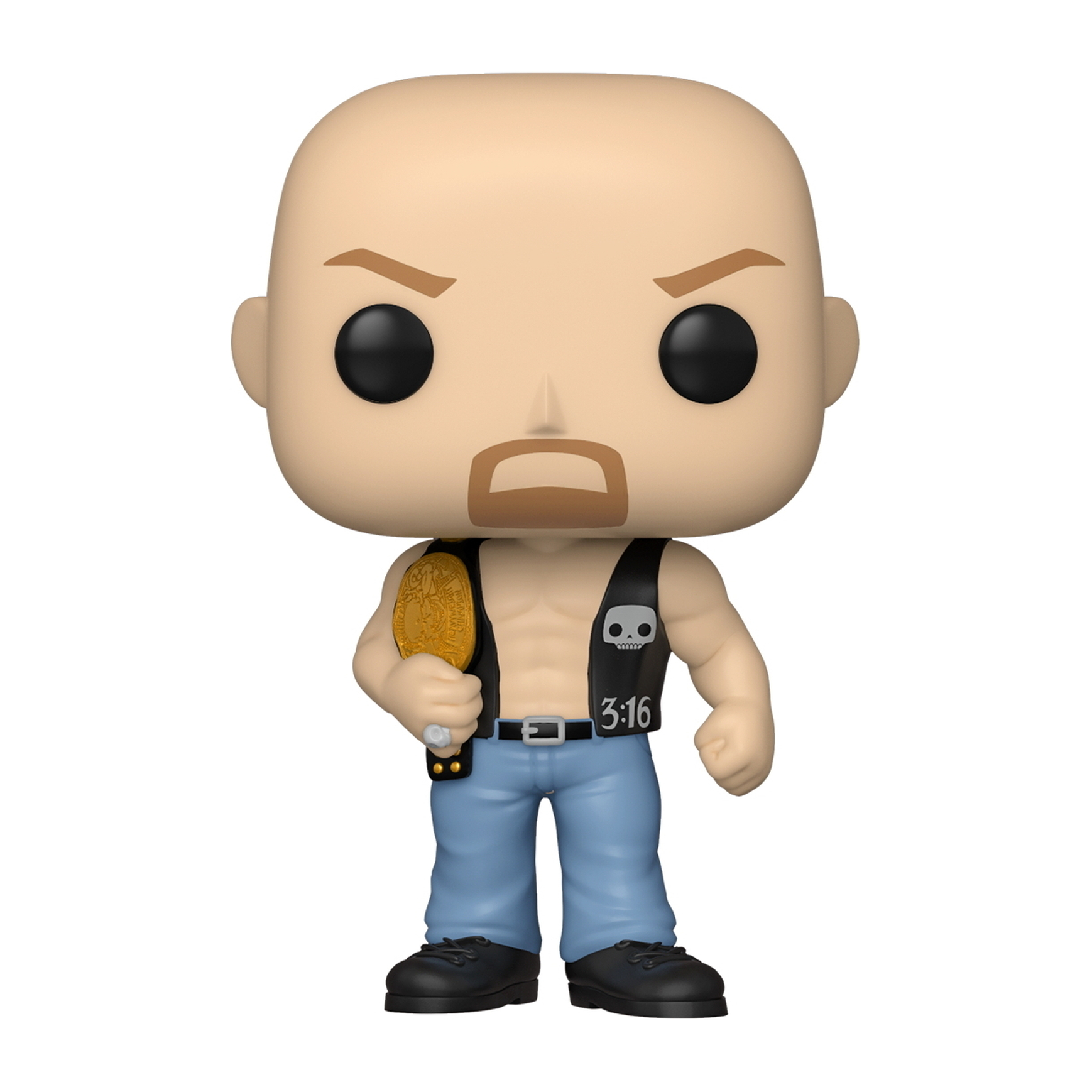 Una figura Funko Pop di Stone Cold Steve Austin, con una cintura di campionato.