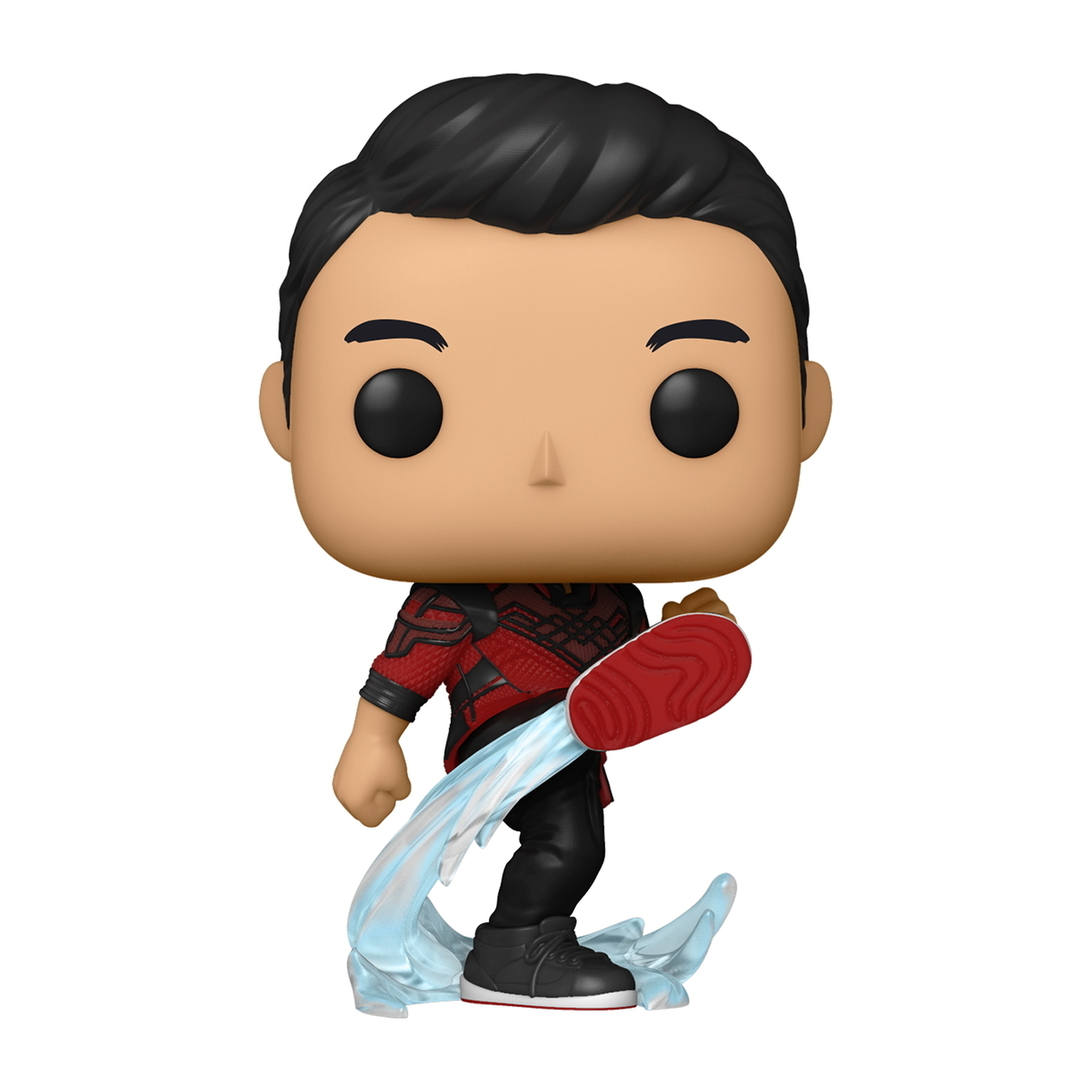 Figurita Funko Pop de Shang-Chi. Está en pose de pelea con un disfraz rojo y negro.
