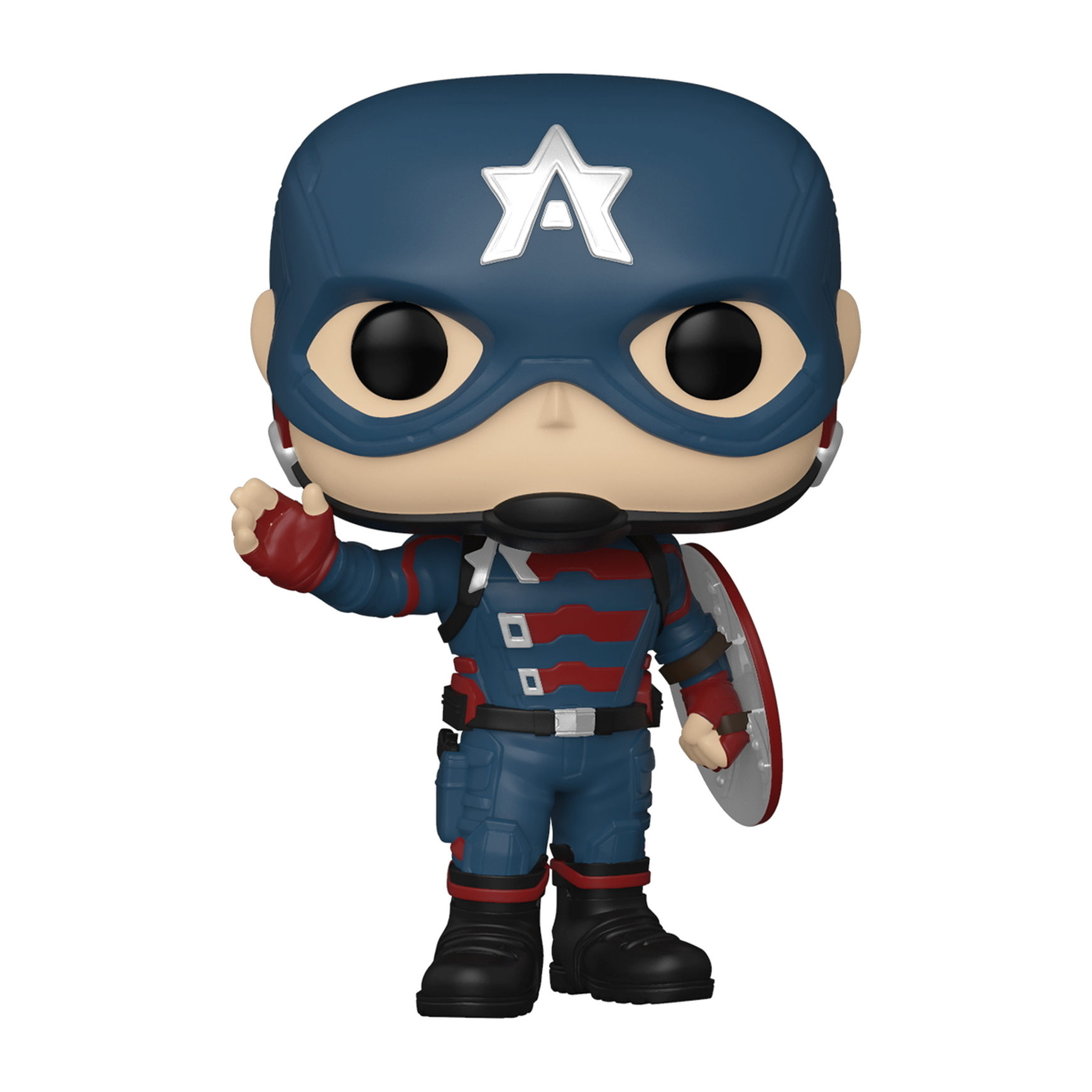 Funko Pop Captain America Figur in Aktionspose, Schild in der Hand, in dynamischer Pose.