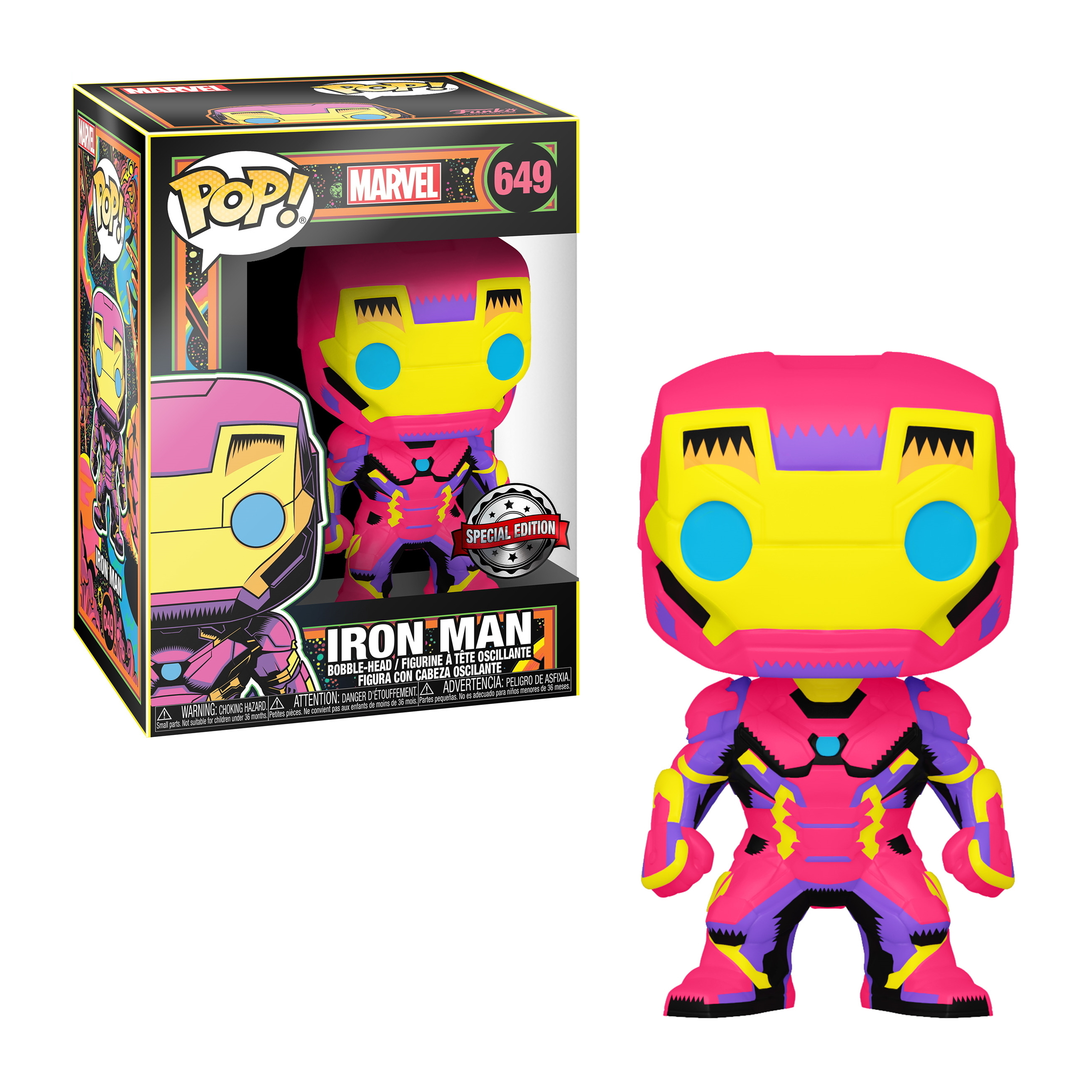 Figurka Funko Pop Iron Mana w neonowych kolorach, w dynamicznej pozie.