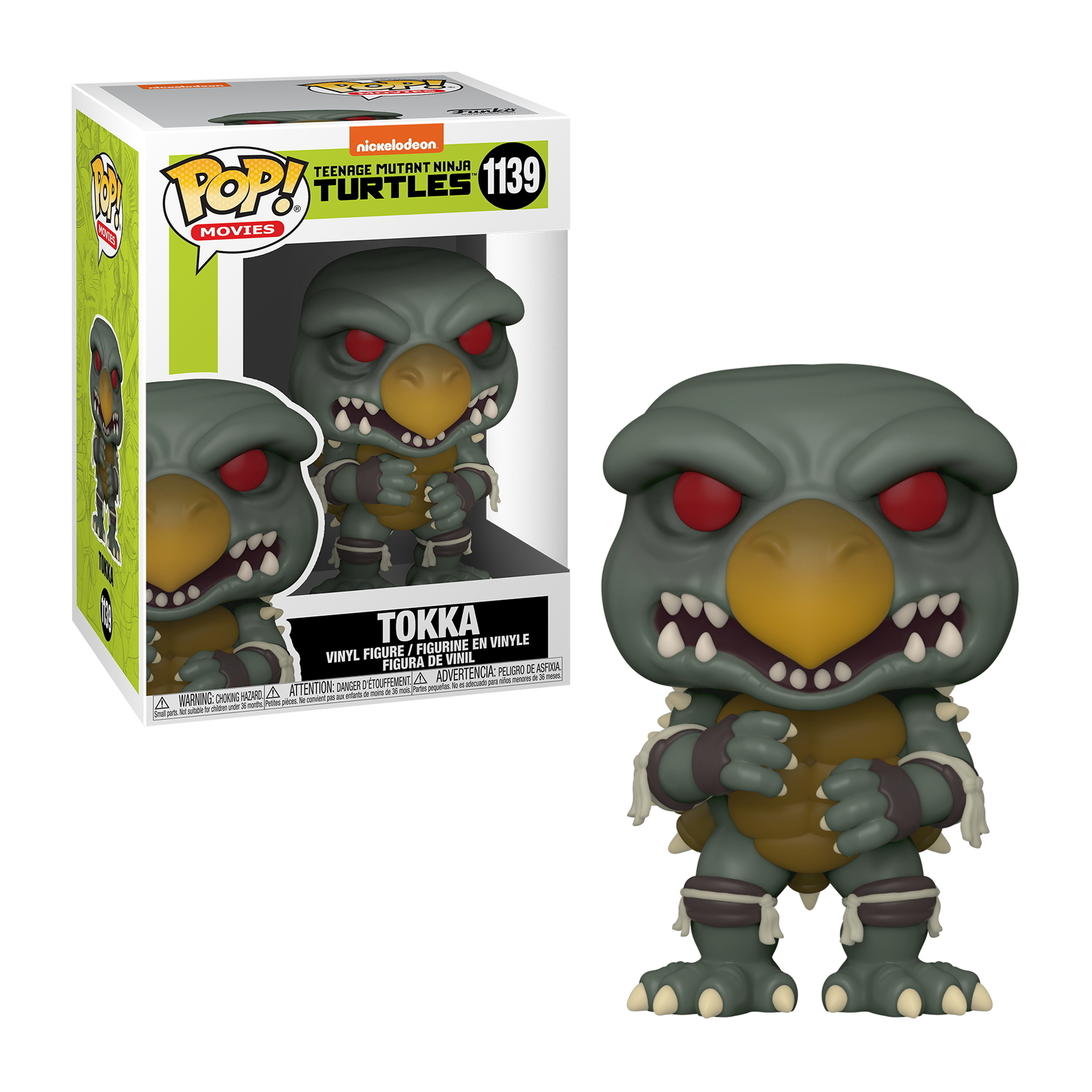 Figura Funko Pop de Tokka de las Tortugas Ninja en caja y fuera. La figura es verde, con ojos rojos.
