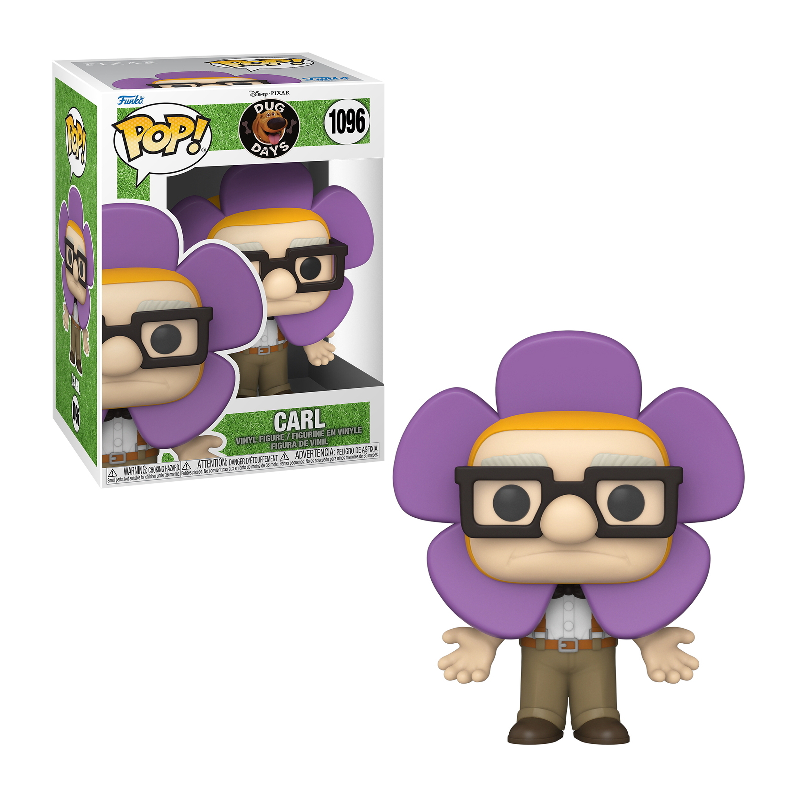 Carl Funko Pop Figur. Er trägt eine Brille und einen Blumenhut. Eine Box mit Carl wird ebenfalls gezeigt.