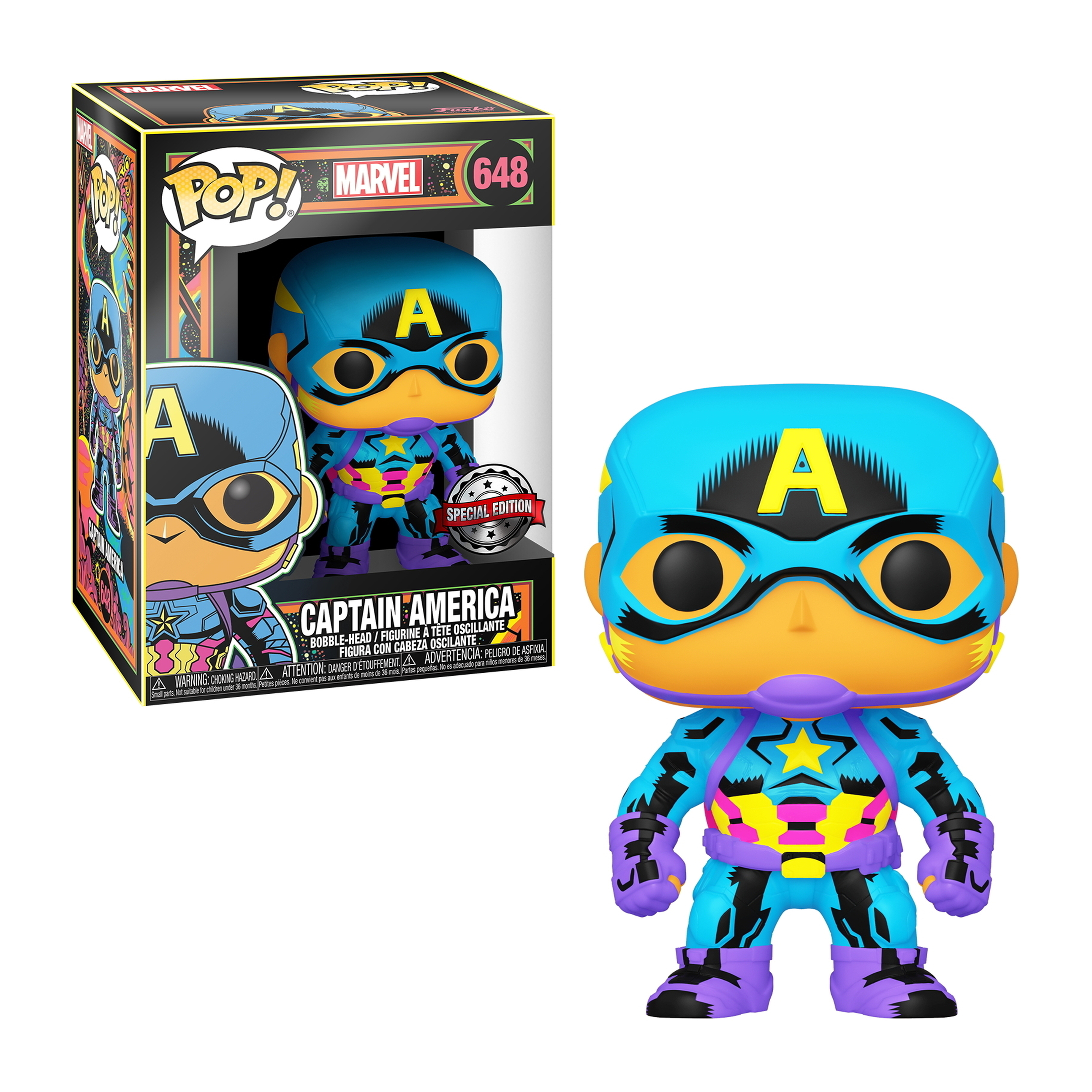 Personaggio Pop di Captain America in scatola, blu, giallo e viola, con una grande A sulla testa.