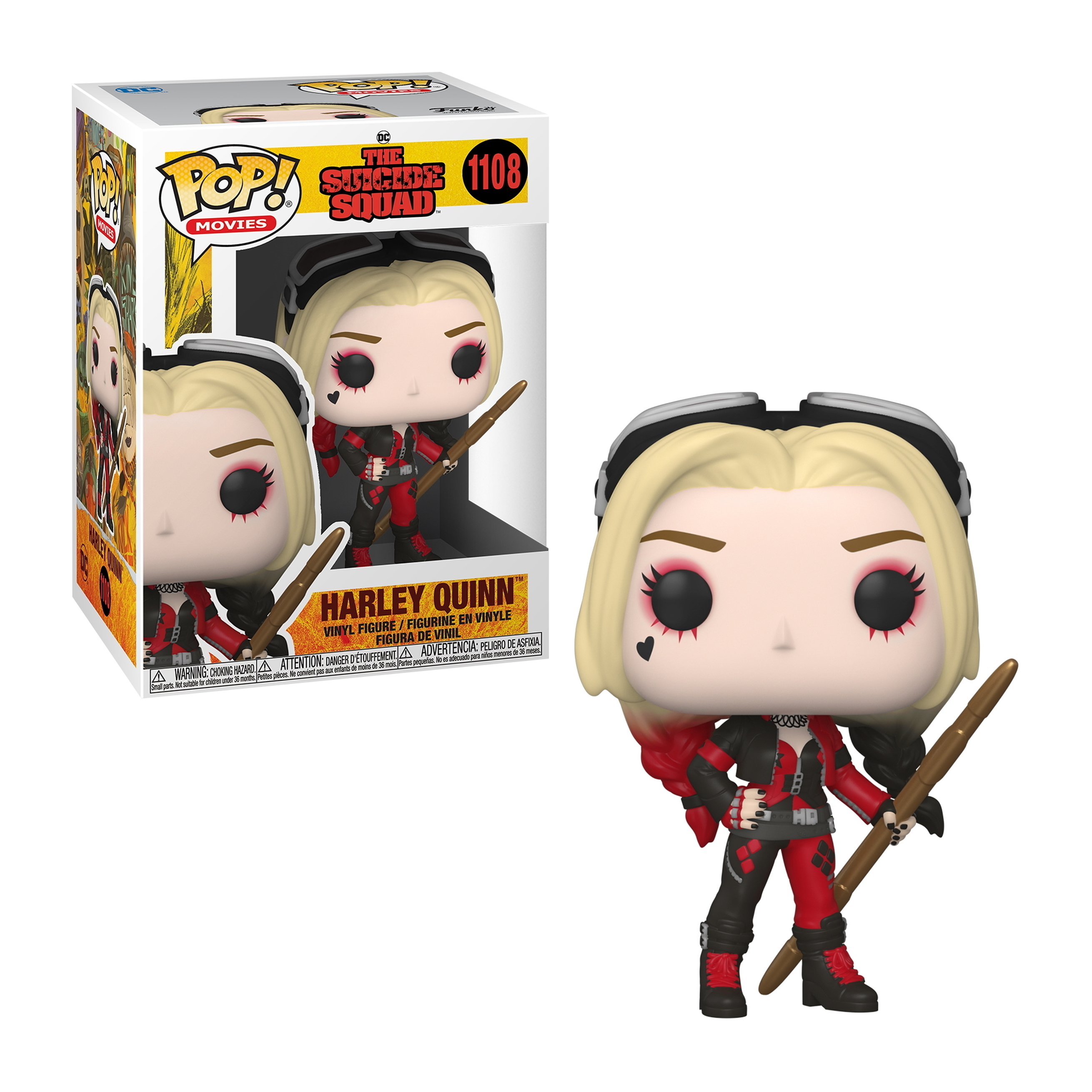 Harley Quinn Funko Pop Figur mit Box. Sie trägt ein schwarz/rotes Outfit und hält einen Holzstab.