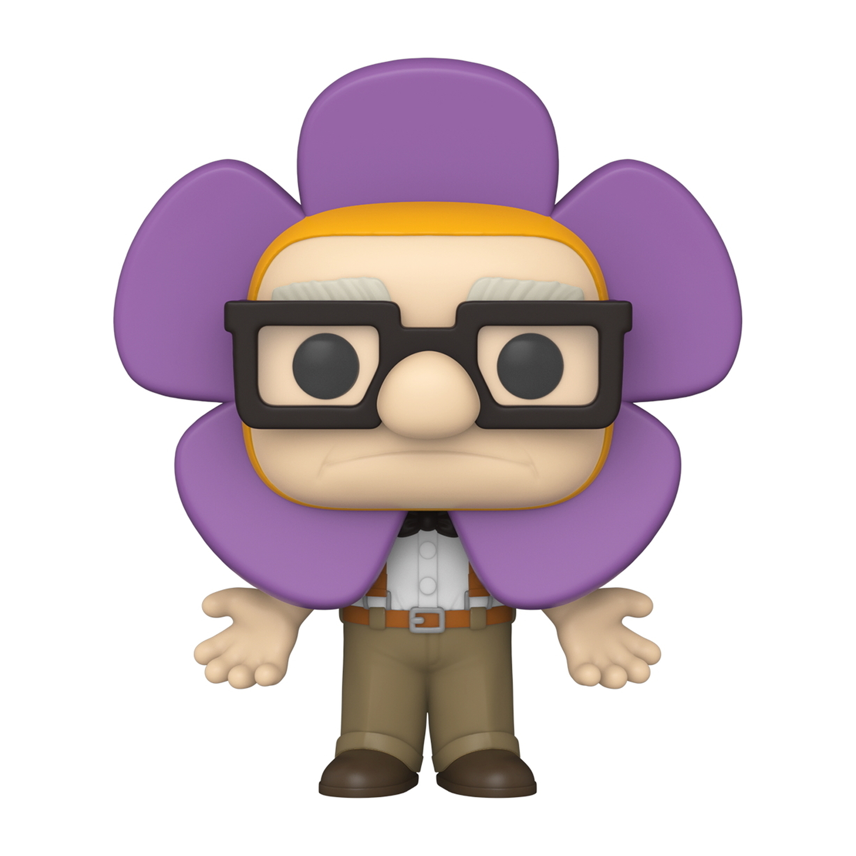 Funko Pop Figur eines Mannes mit Blütenblättern als Kopf, Brille und Fliege.