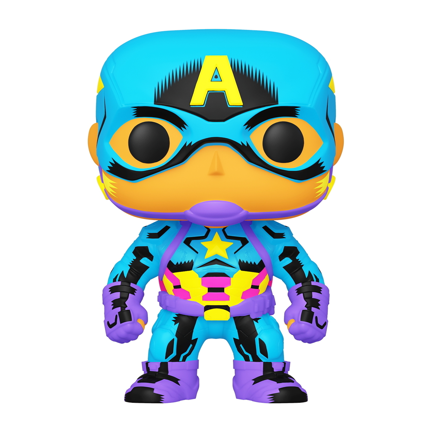Captain America Funko Pop. Abito blu e giallo con la lettera A sulla testa.