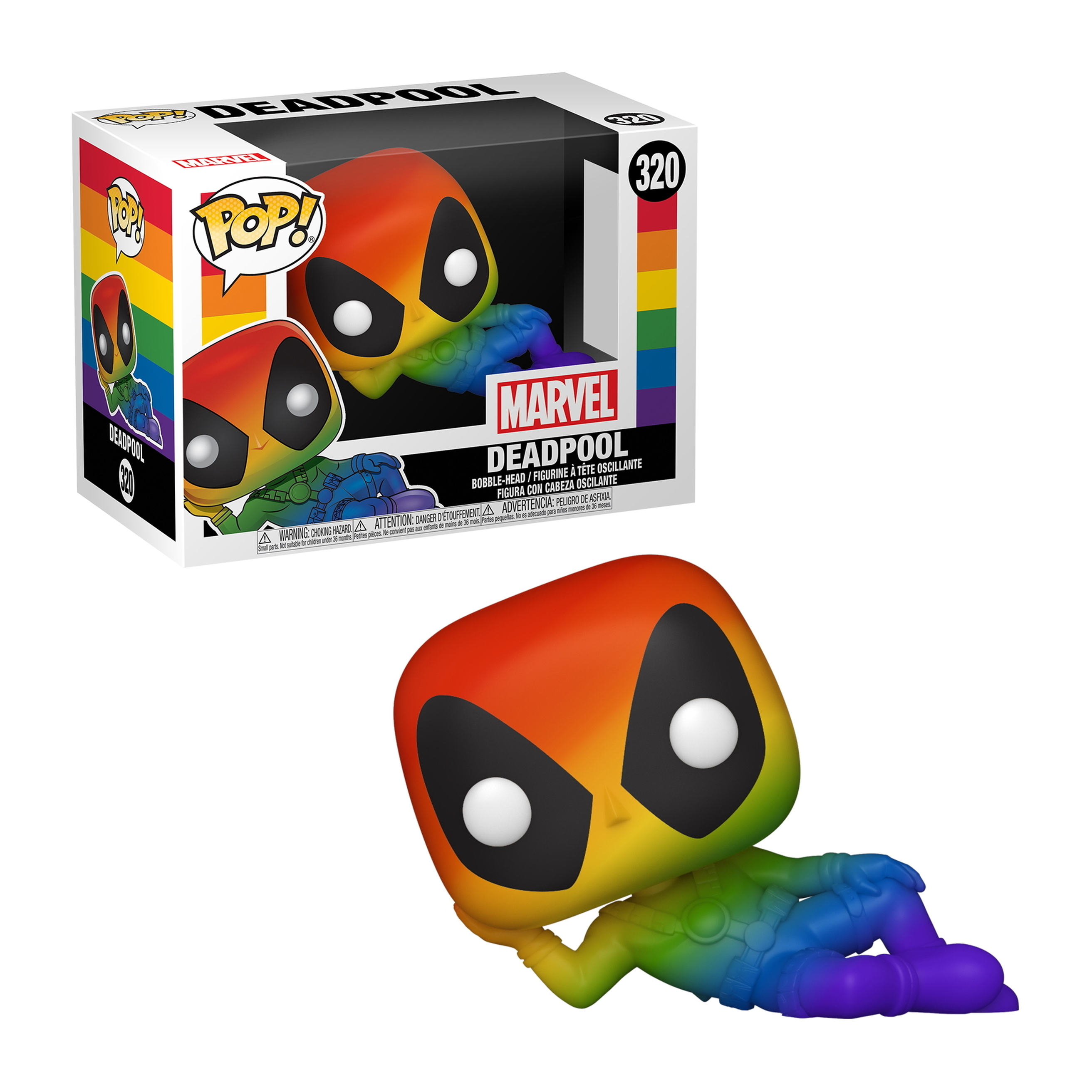 Eine Funko Pop Figur von Deadpool in Regenbogenfarben, in einer Box.