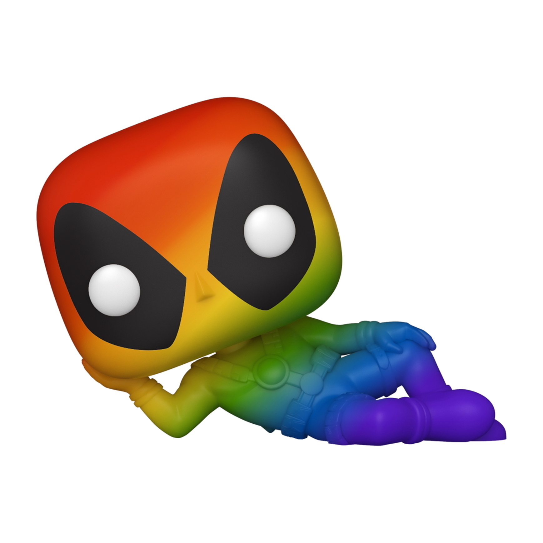 Funko Pop Figur von Deadpool in Regenbogenfarben, auf seinen Arm gelehnt.