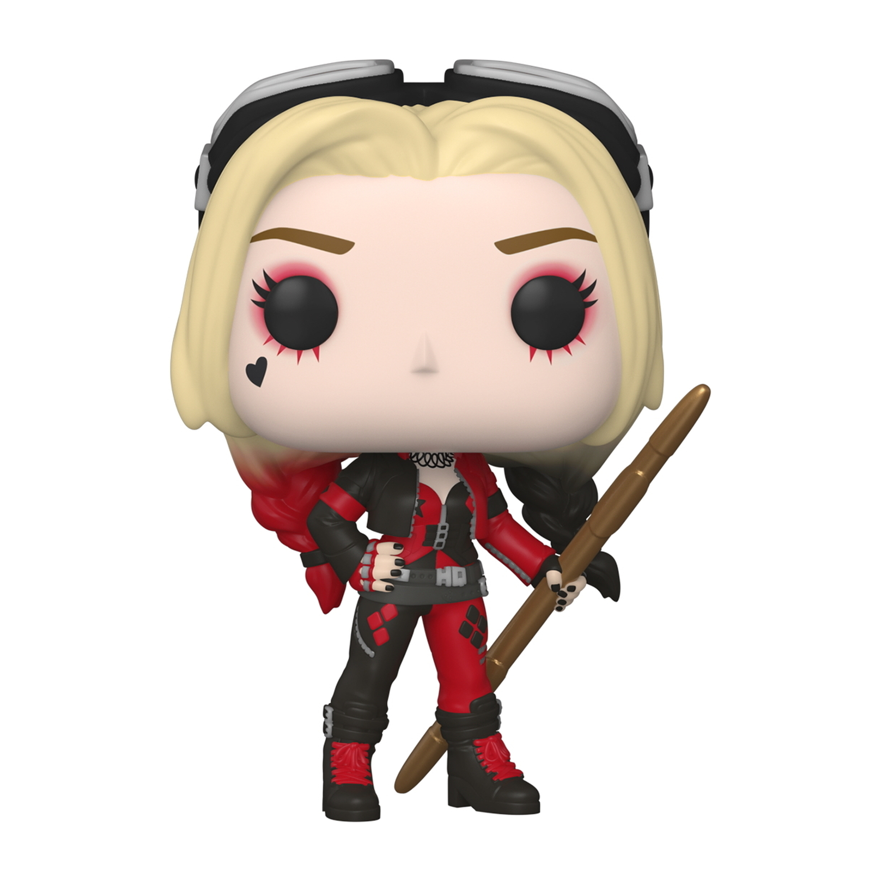 Funko Pop Figur von Harley Quinn mit einem Schlägel, in einem Kostüm mit Herzmarke.