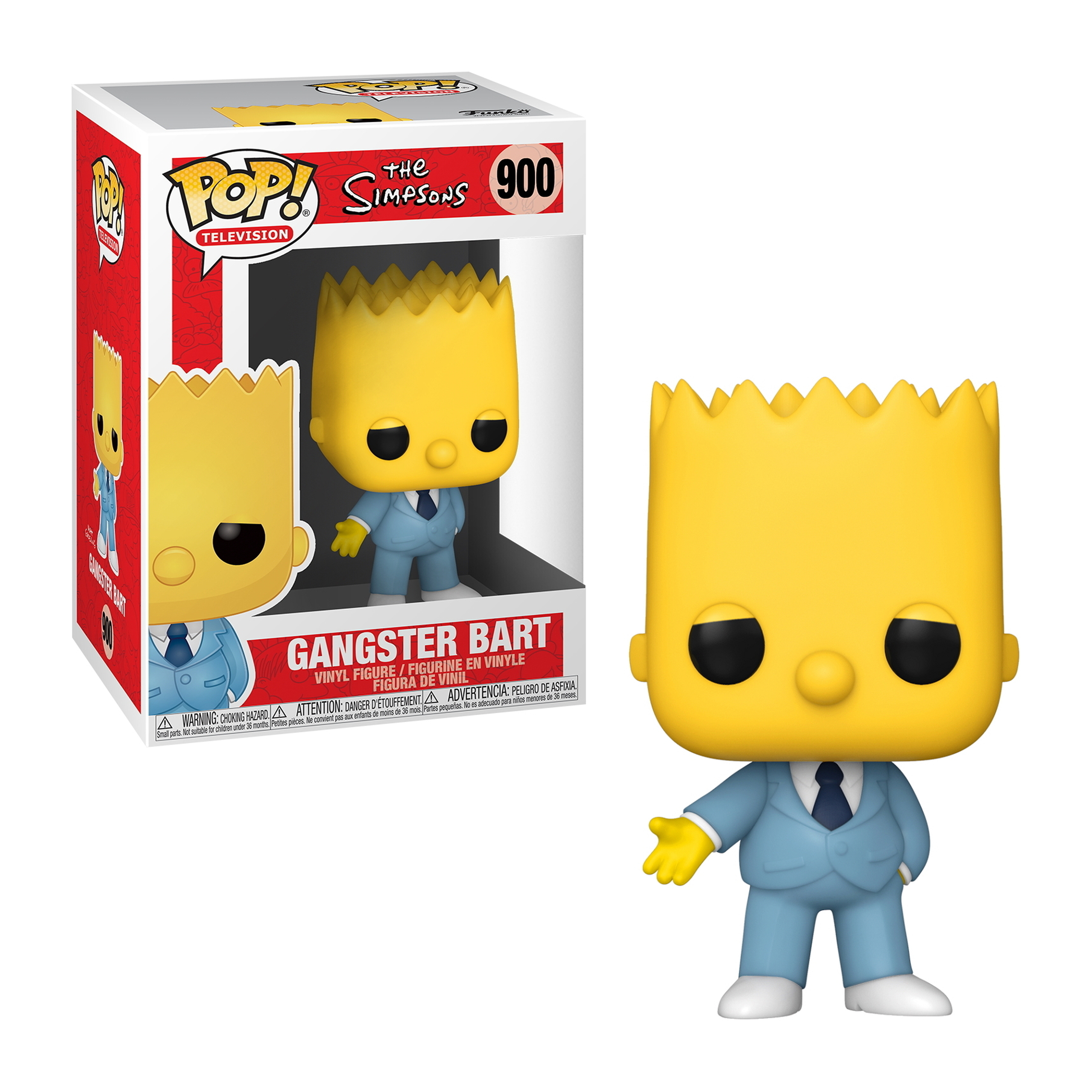 Gangster Bart Funko Pop Figur in Box, Bart im Anzug, gelbe Haut, weißer Hintergrund.