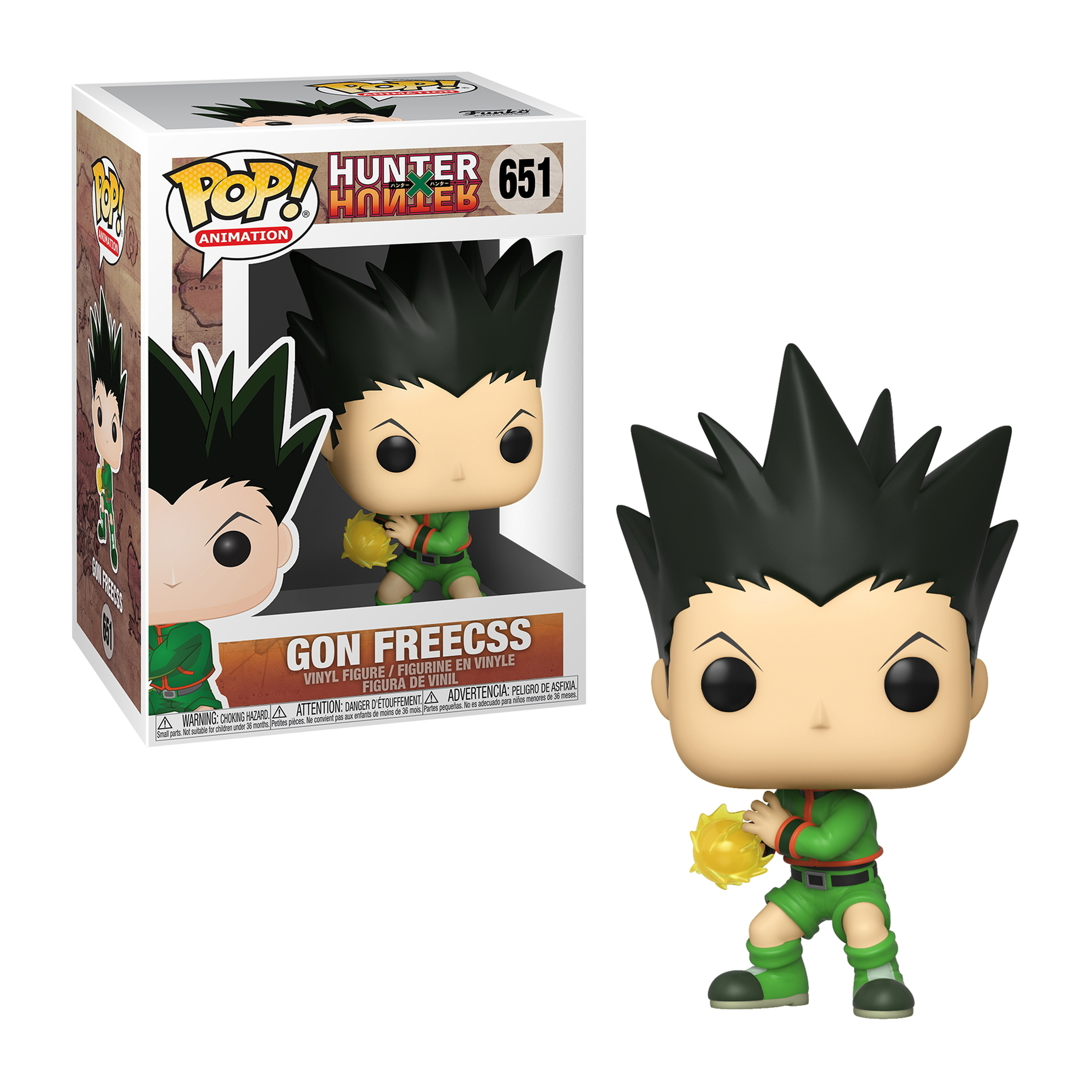 Figura Funko Pop di Gon Freecss. Indossa un completo verde e ha capelli neri a punta, tenendo una sfera di aura gialla.
