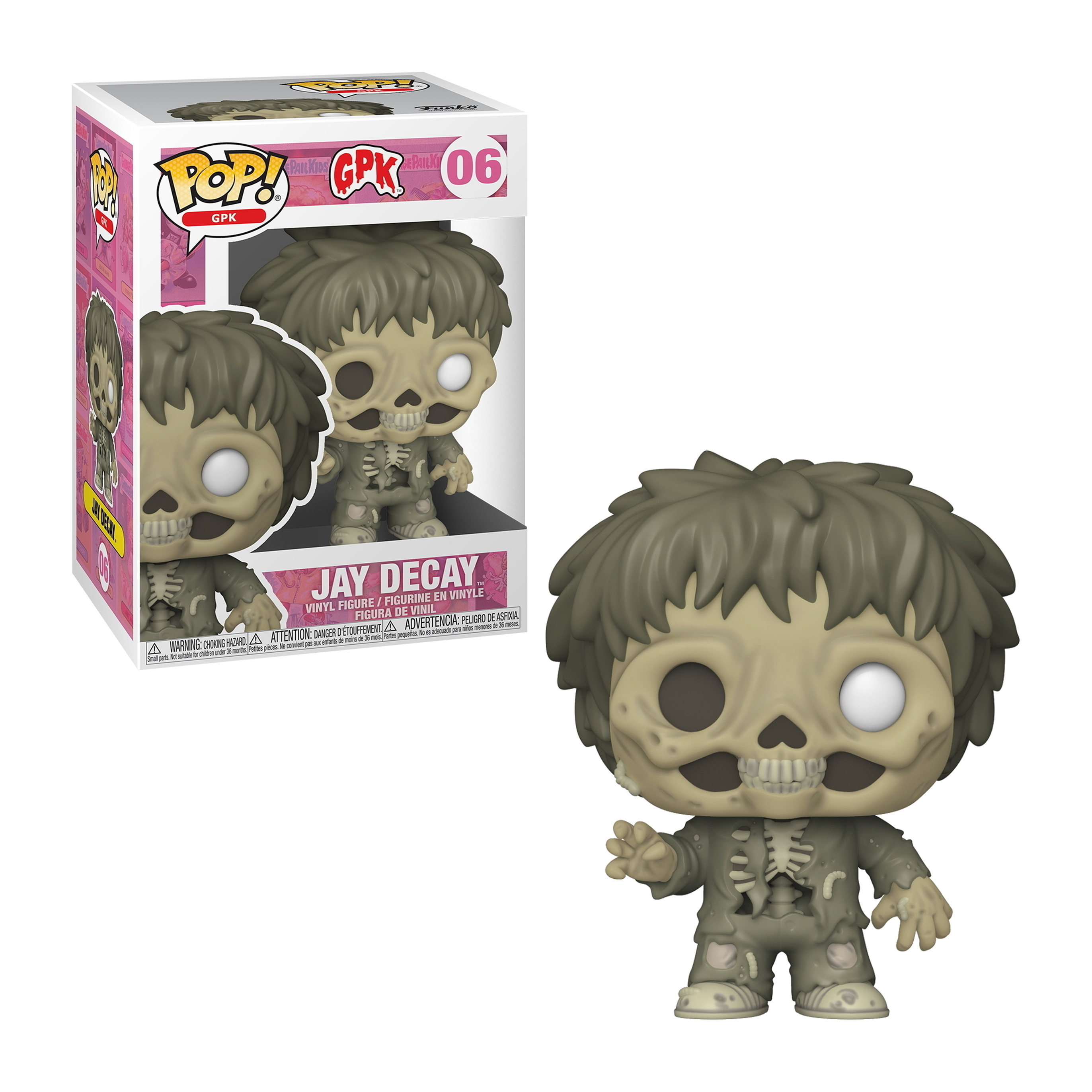 Eine Jay Decay Figur von Garbage Pail Kids, in einer Box. Die Figur ist ein Zombie.