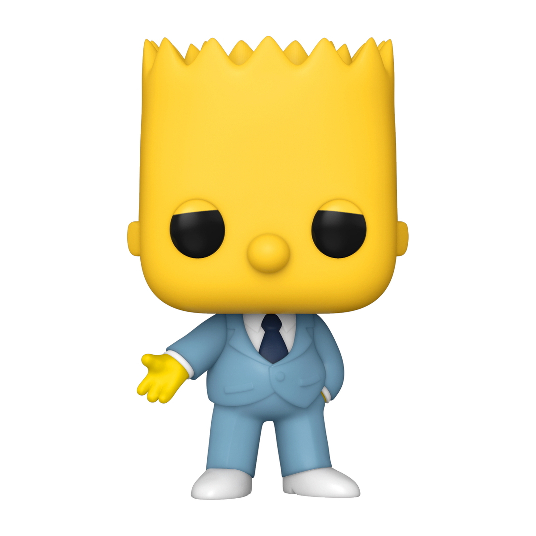 Funko Pop-Figur von Bart Simpson in einem blauen Anzug mit Krawatte und gelber Haut.