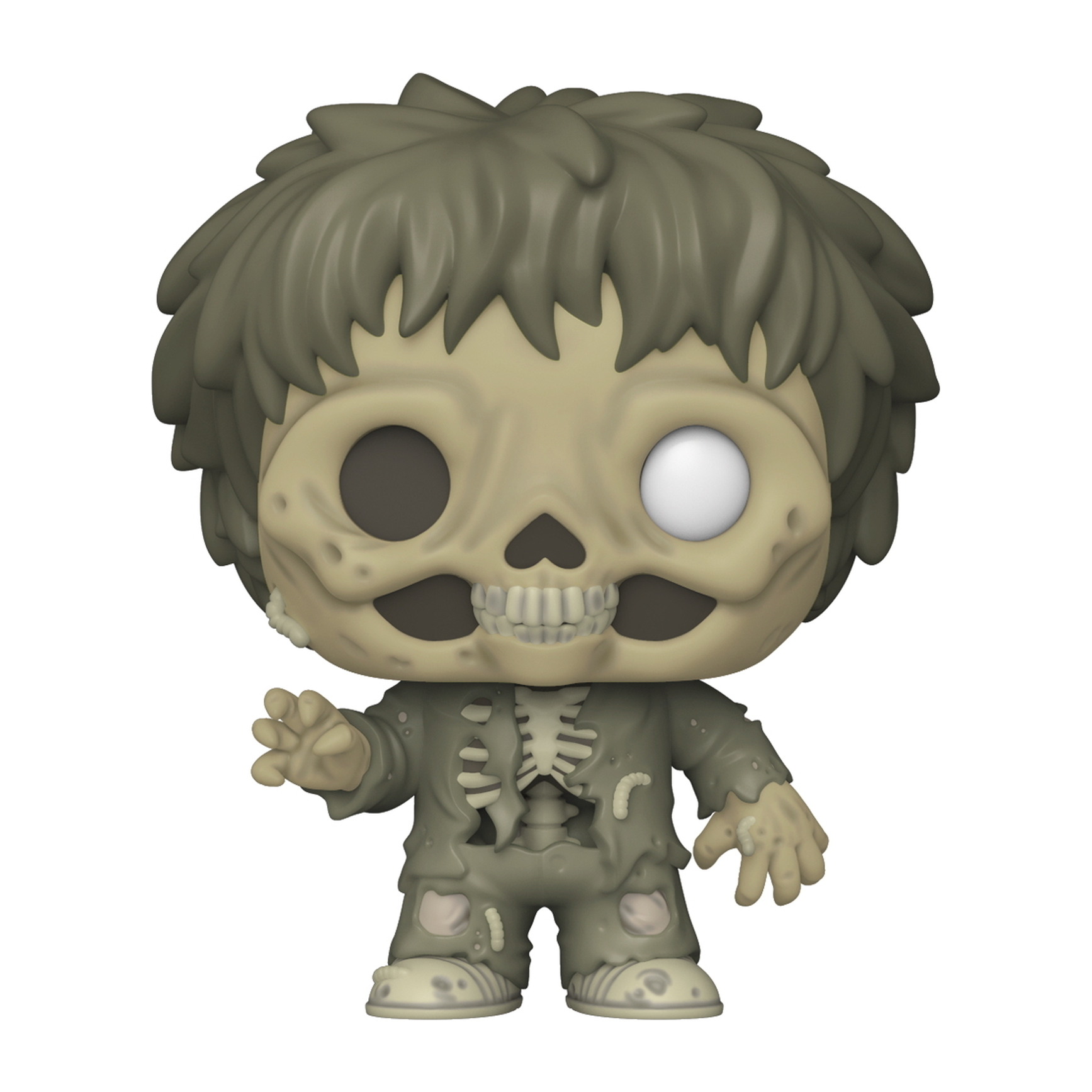 Zombie-Figur. Graue Haut, offener Schädel, ein Auge, zerfetzte Kleidung. Weißer Hintergrund.