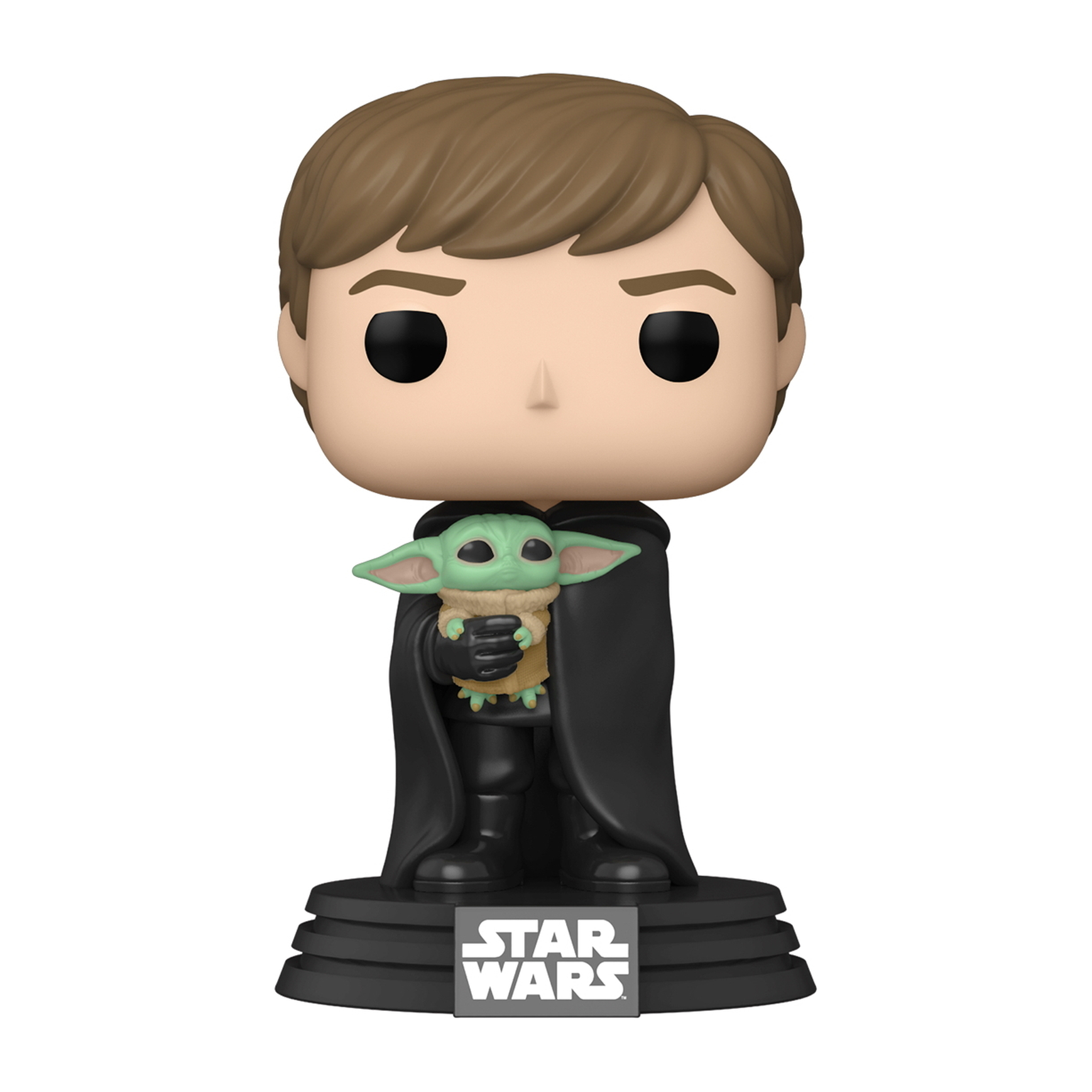 Una figurina di Luke Skywalker che tiene Baby Yoda. Su una base nera con logo Star Wars.