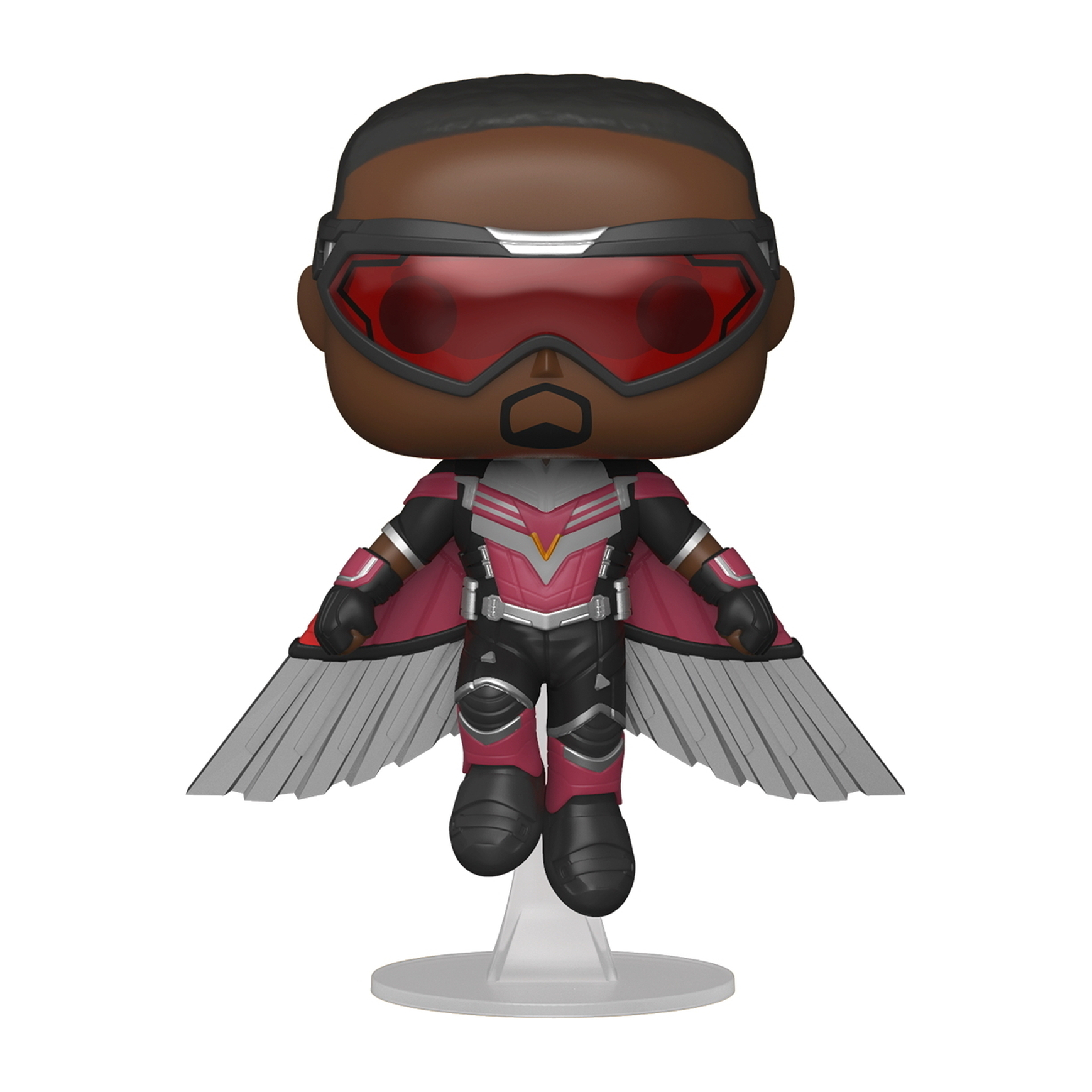 Figurka Falcon Funko Pop. Czarnoskóry mężczyzna z czerwonymi okularami, skrzydłami, czerwono-różowym strojem i srebrnymi skrzydłami.