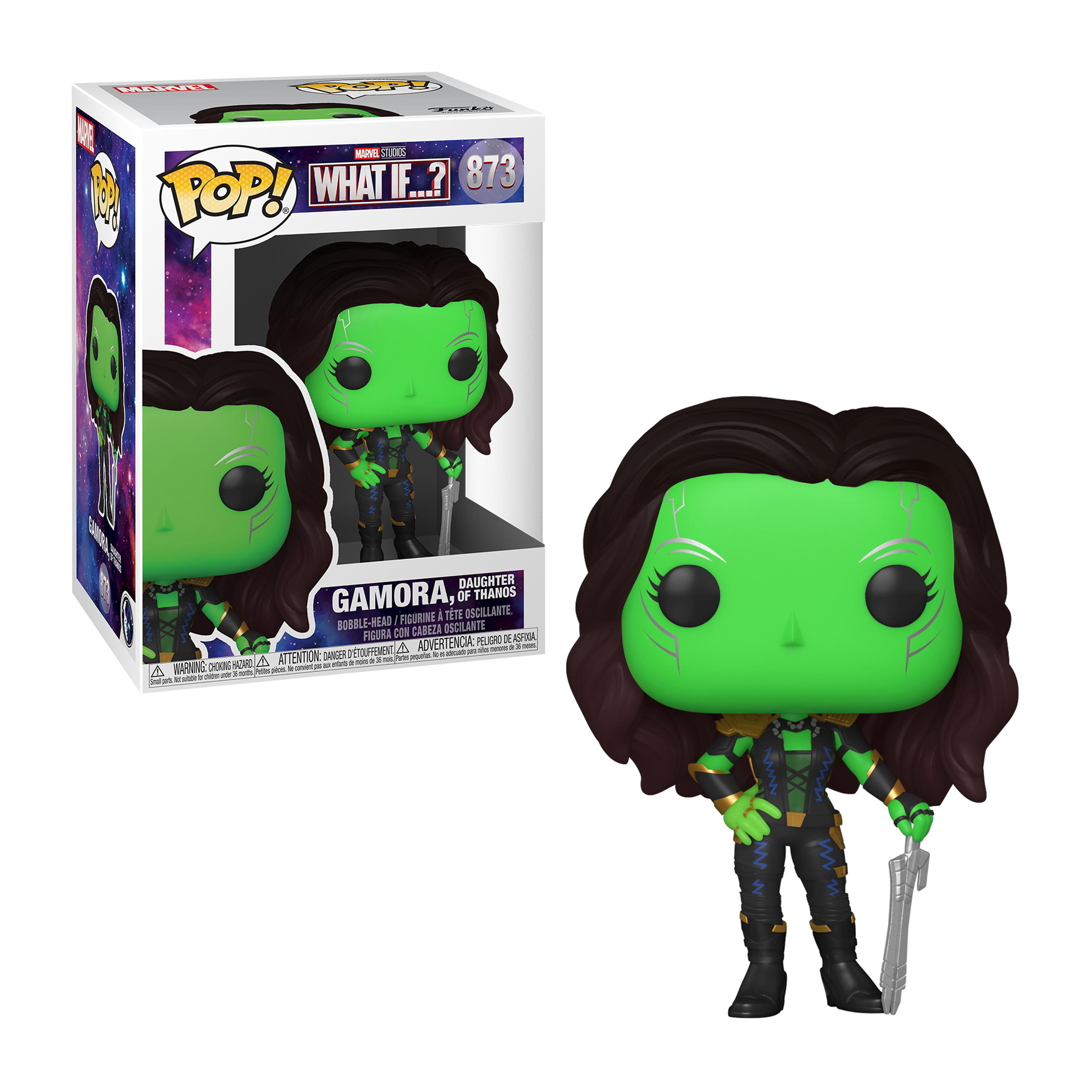 Figura Funko Pop! di Gamora in scatola. Gamora dalla pelle verde con arma. L'arte della scatola è lo spazio.