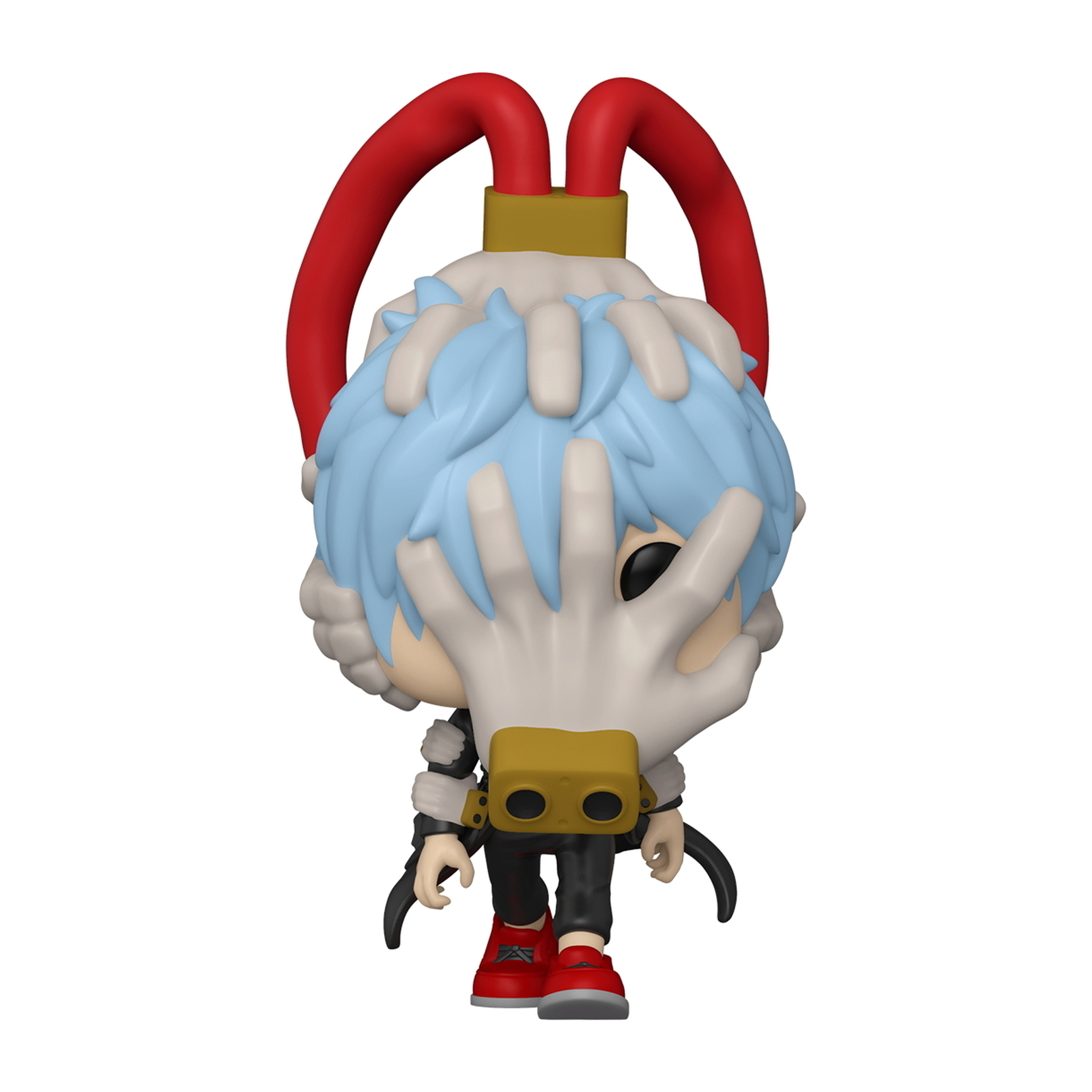 Eine Funko Pop Figur einer Figur mit einer Handmaske und roter Kopfbedeckung.