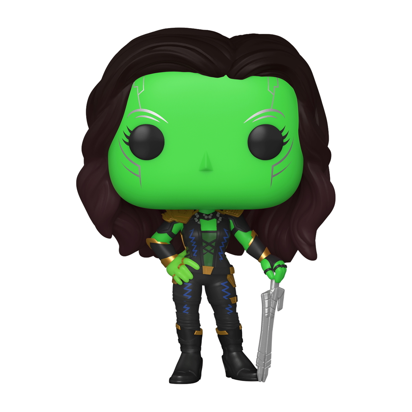 Figura Funko Pop di Gamora verde, con capelli scuri e dettagli argentati, che tiene una spada.