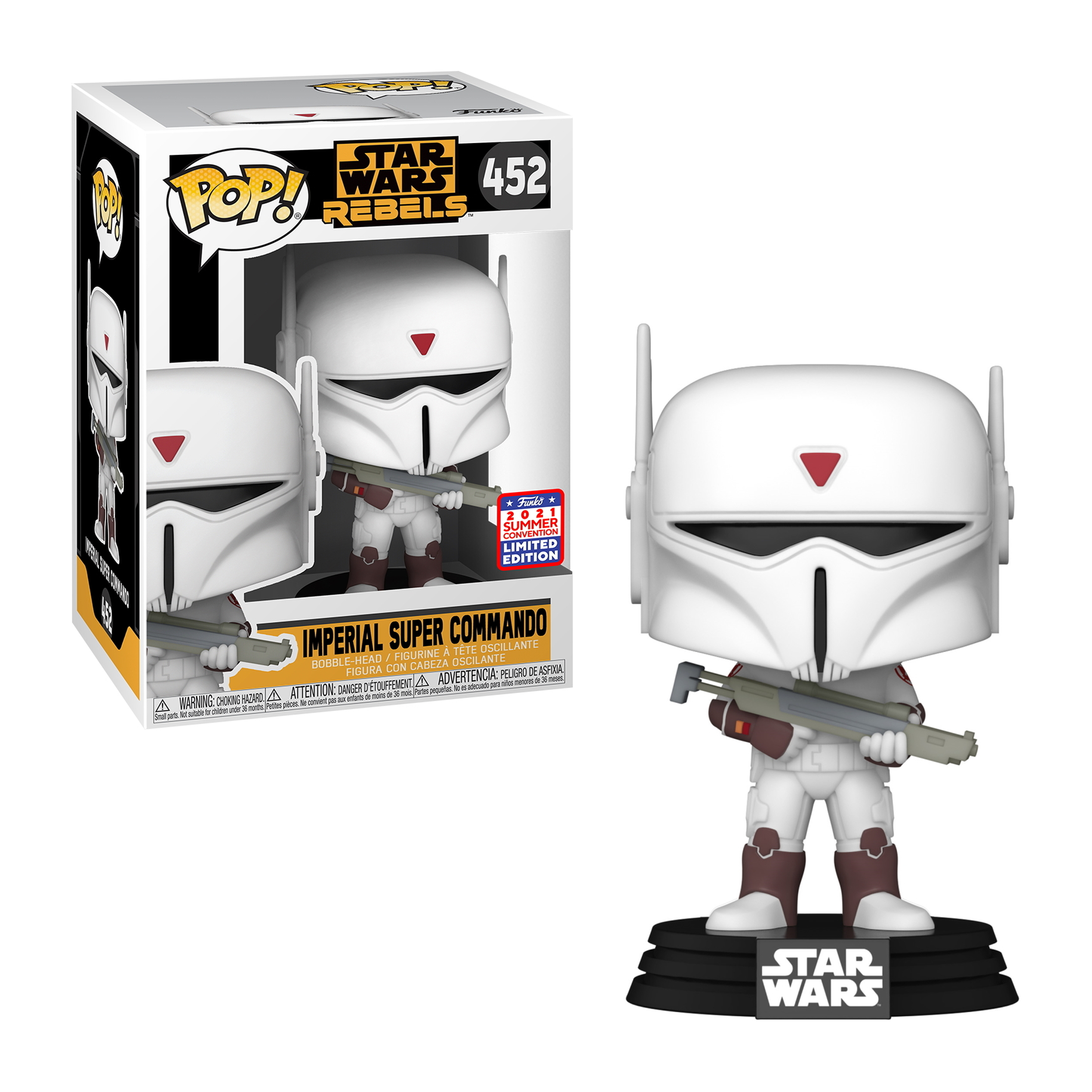 Imperial Super Commando Funko Pop Figur mit Box. Trägt weiße Rüstung und hält einen Blaster.