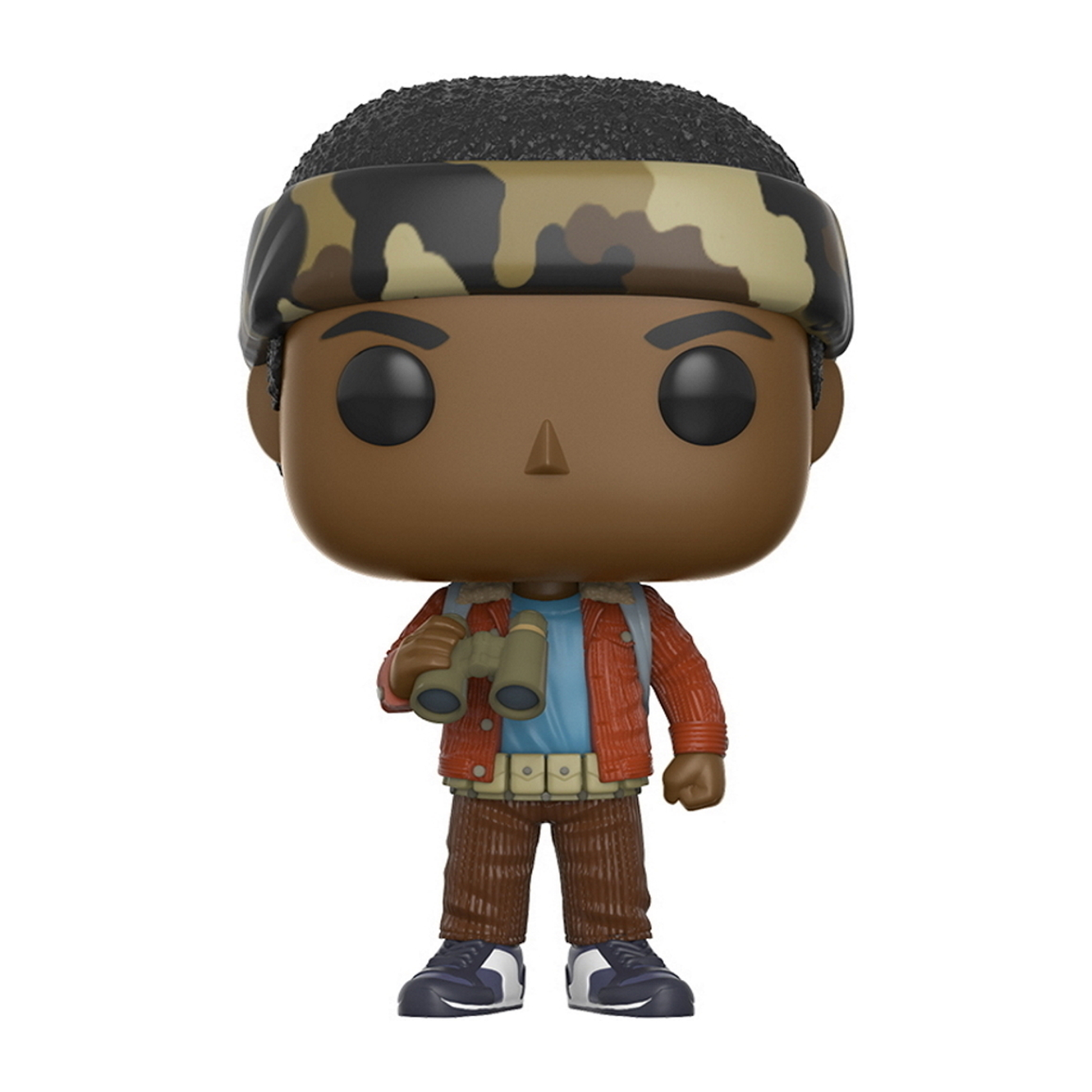 Dustin z Stranger Things Funko Pop. Brązowe włosy, kamuflażowa bandana, pomarańczowa kurtka, trzyma lornetkę.