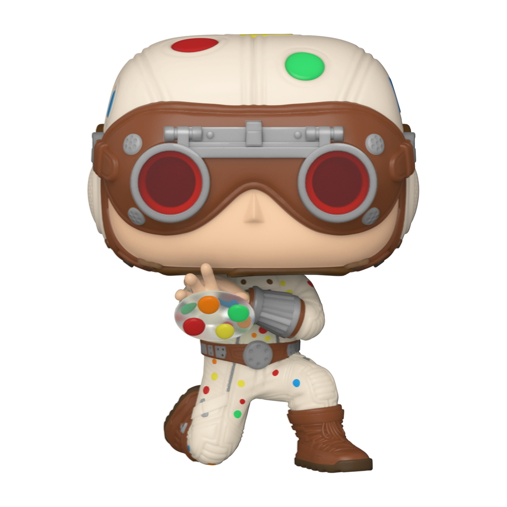 Figura Funko Pop de un hombre en traje blanco con lunares coloridos, gafas y mano extendida.