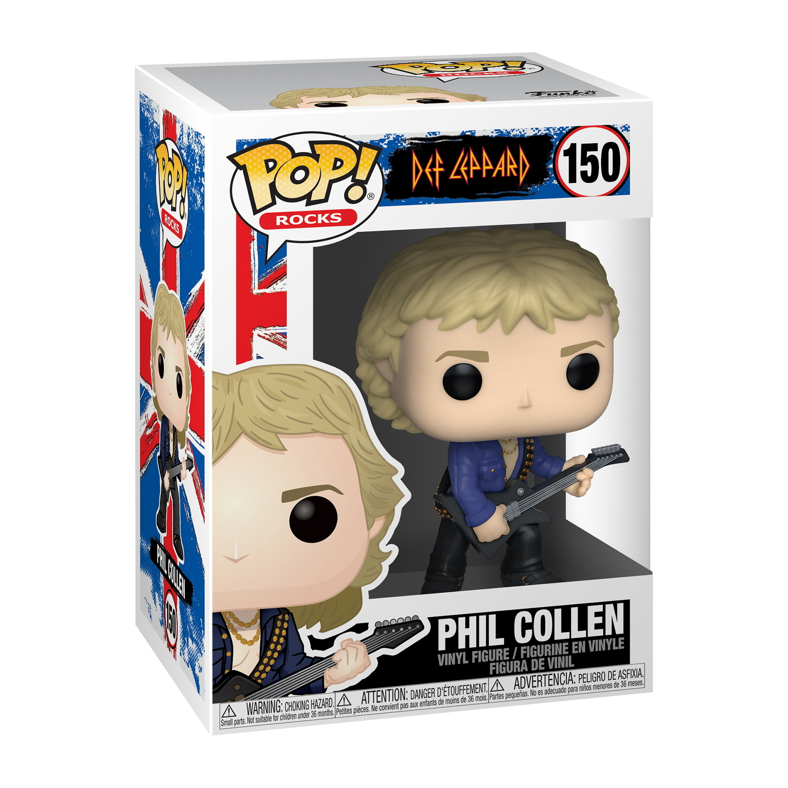 Phil Collen Funko Pop Figur in einer Box. Er hält eine Gitarre.