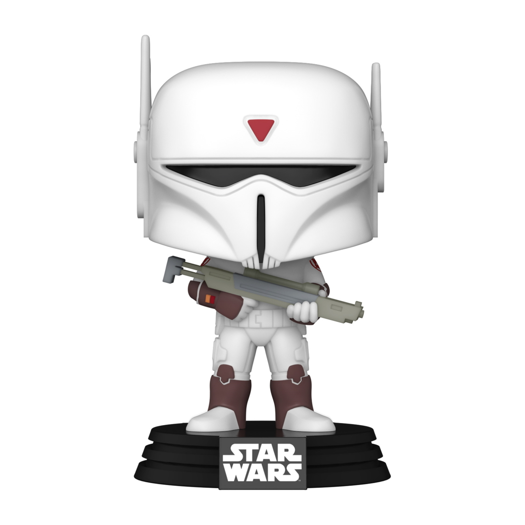 Star Wars Funko Pop Figur einer weiß gepanzerten Figur, die eine Waffe hält, mit schwarzer Basis und Star Wars.
