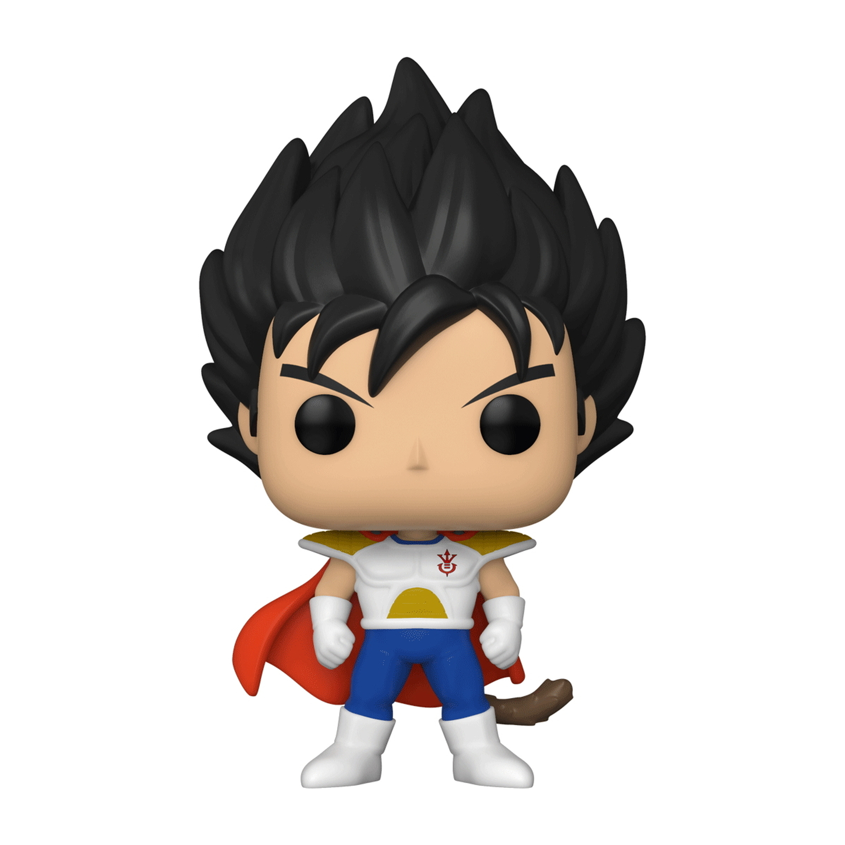 Eine Vegeta Funko Pop Figur. Sie hat schwarzes, stacheliges Haar und trägt ein weiß-rotes Outfit mit Umhang.