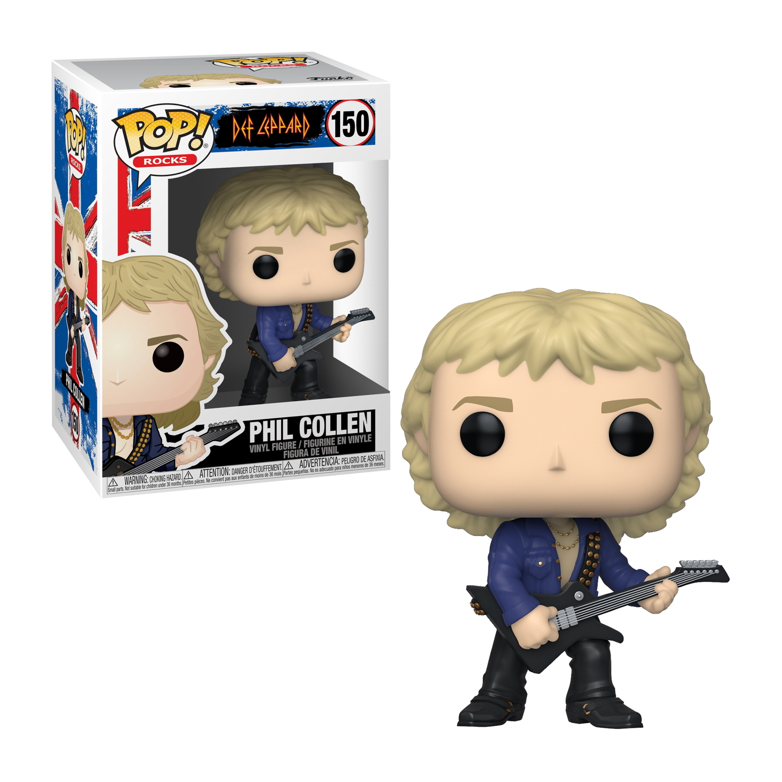 Phil Collen Def Leppard Funko Pop Figur mit Gitarre, Box. Blondes Haar, blaue Jacke.
