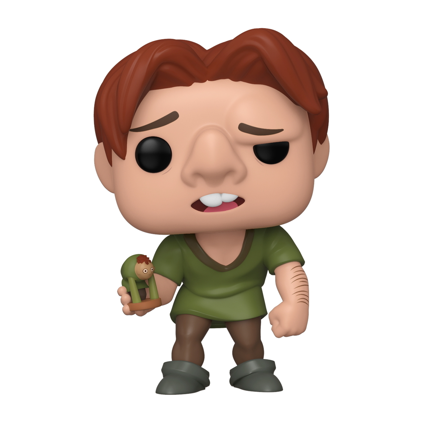 Figura Funko Pop di Quasimodo con una piccola figura. Camicia verde, capelli castani, sfondo bianco.