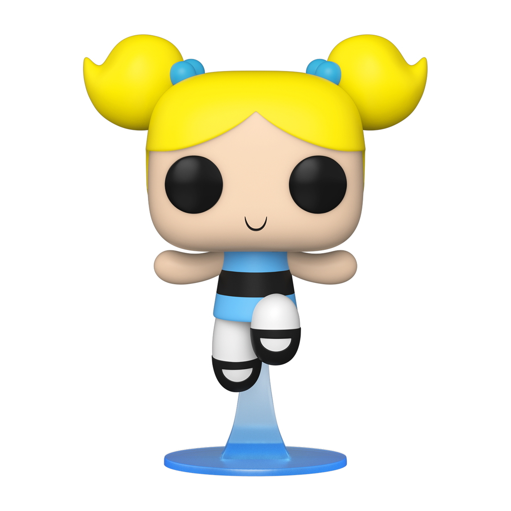 Figura de las Supernenas Burbuja, pelo amarillo, vestido azul, sobre base azul, fondo blanco.