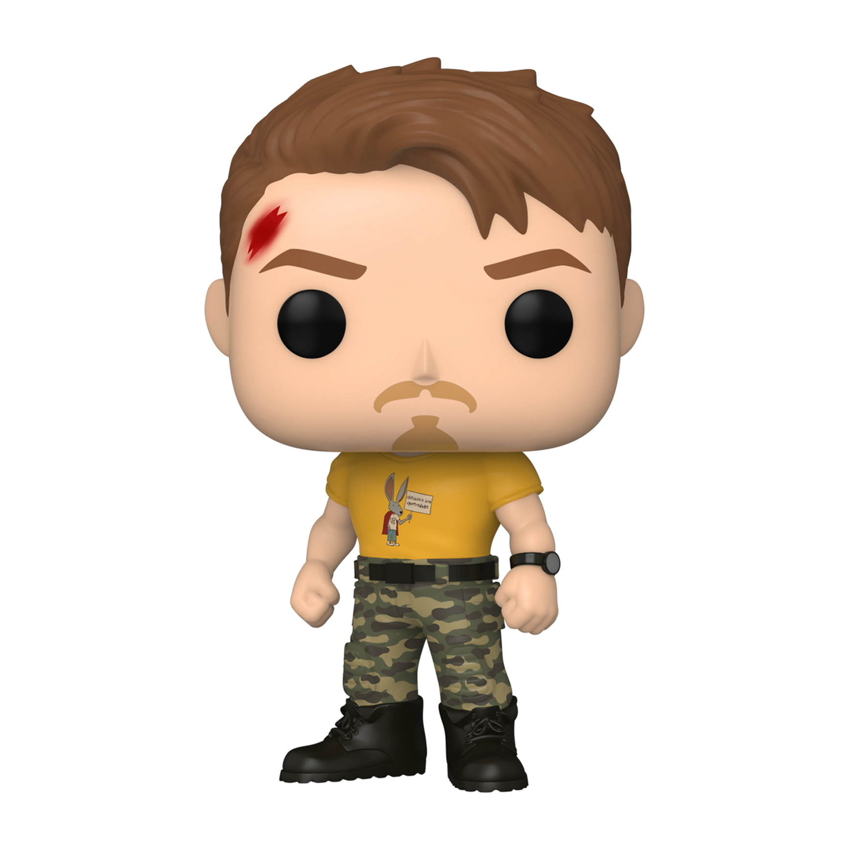 Funko Pop Figur eines Mannes mit einer Kopfwunde, der ein gelbes Hemd und Camouflage-Hosen trägt.