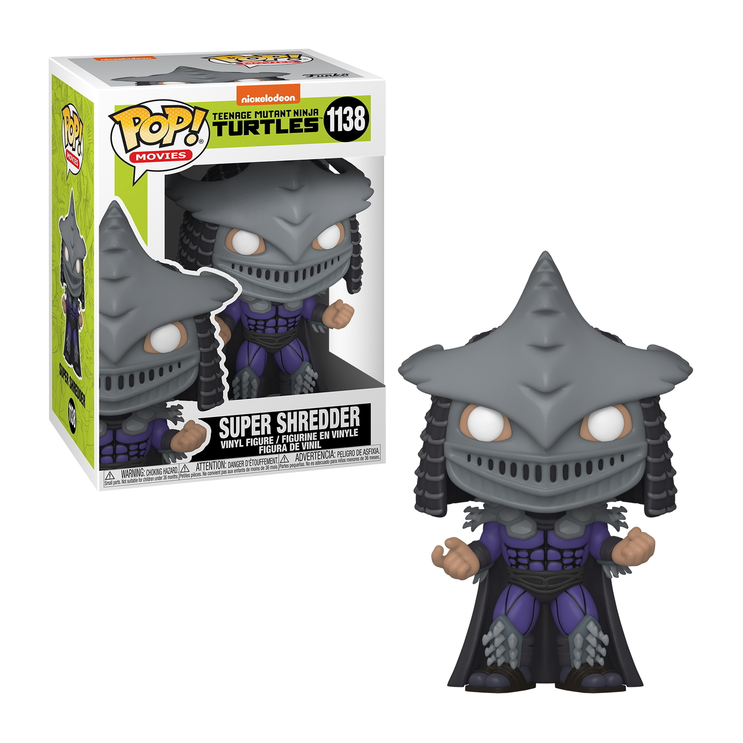 Figura Funko Pop de Super Shredder. Casco y armadura grises, atuendo morado. Caja con imagen.