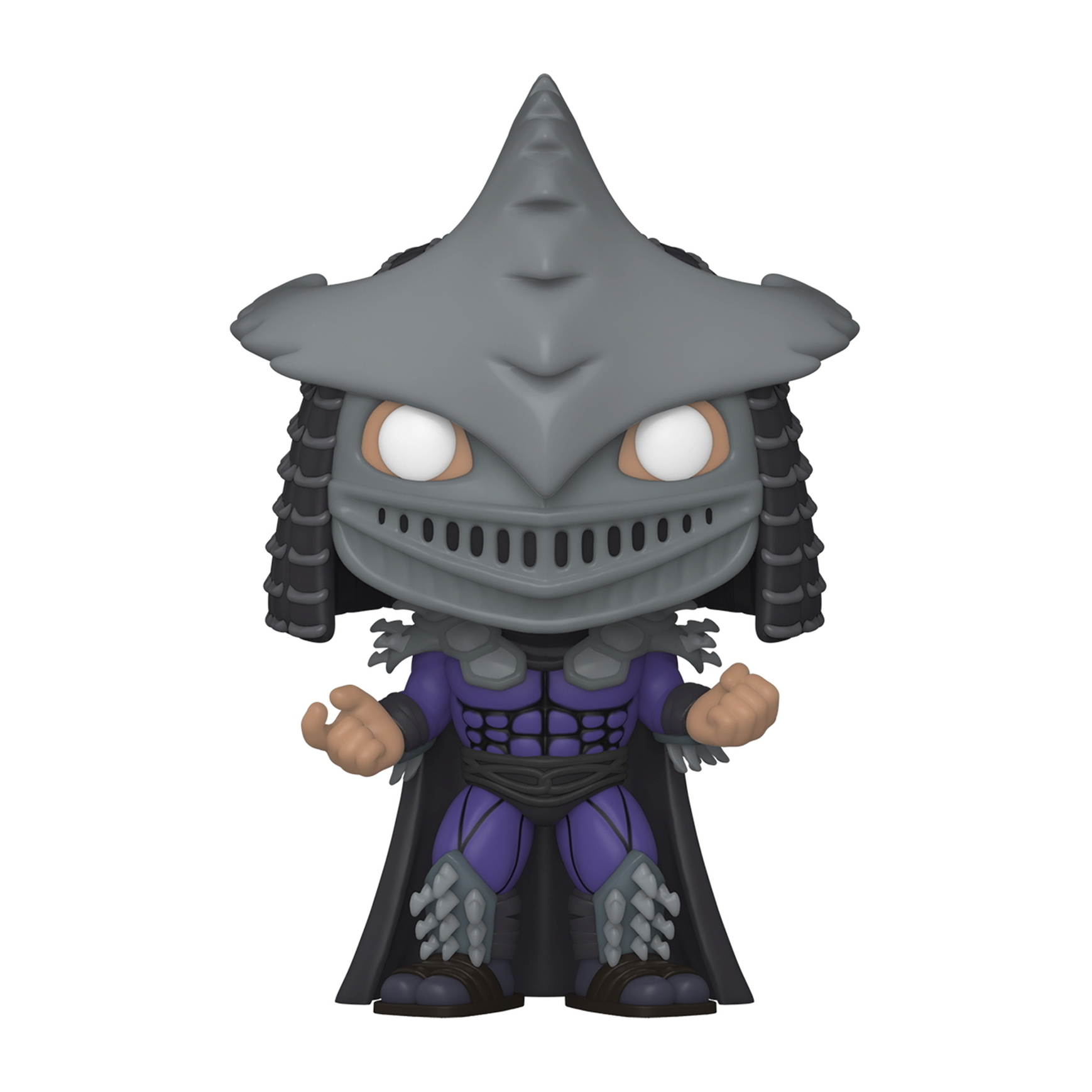 Figura de Shredder. Casco gris con cabello oscuro y traje morado. Fondo blanco.