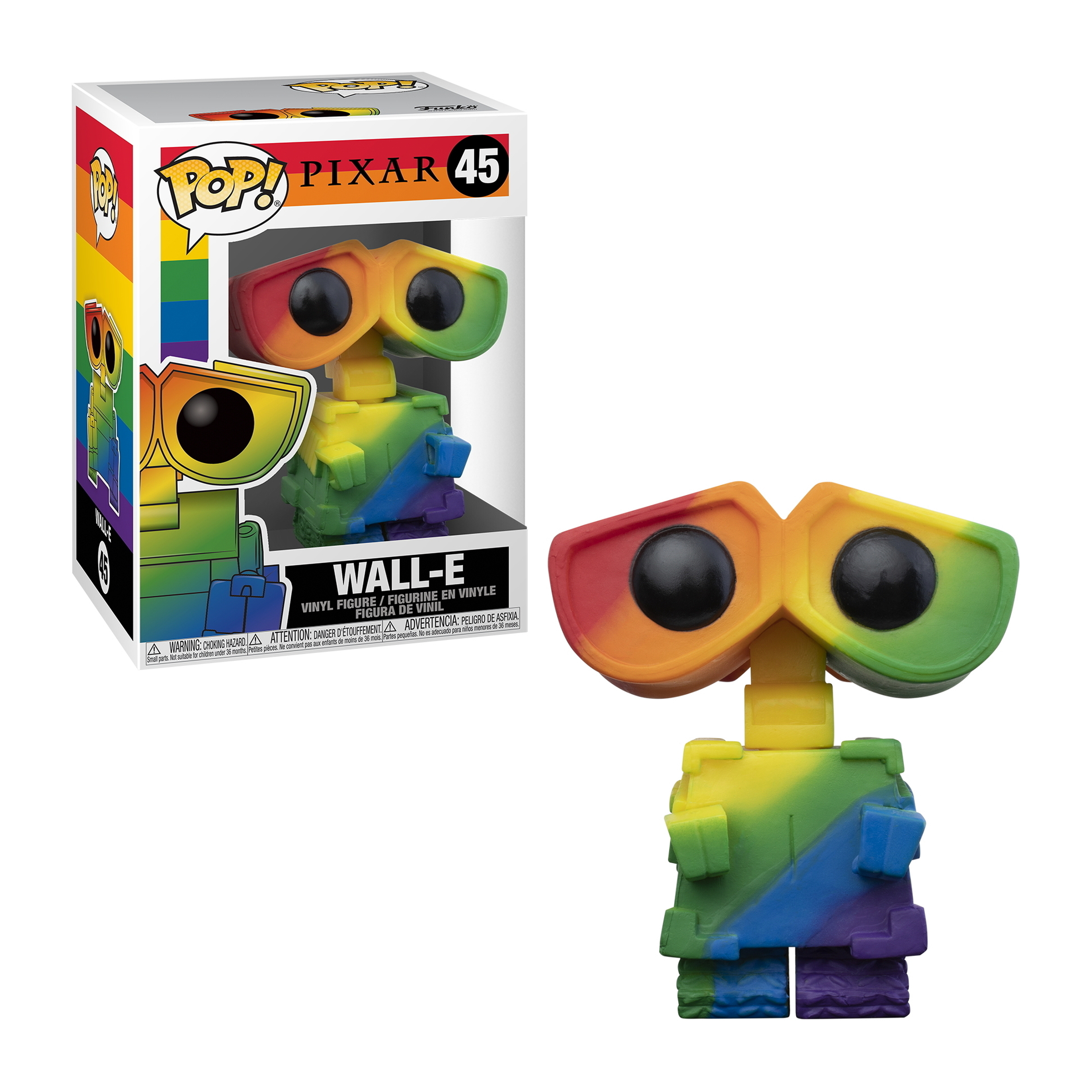 Eine Funko Pop Figur von Wall-E aus dem Pixar Film, mit Regenbogen Design und die Box im Hintergrund.