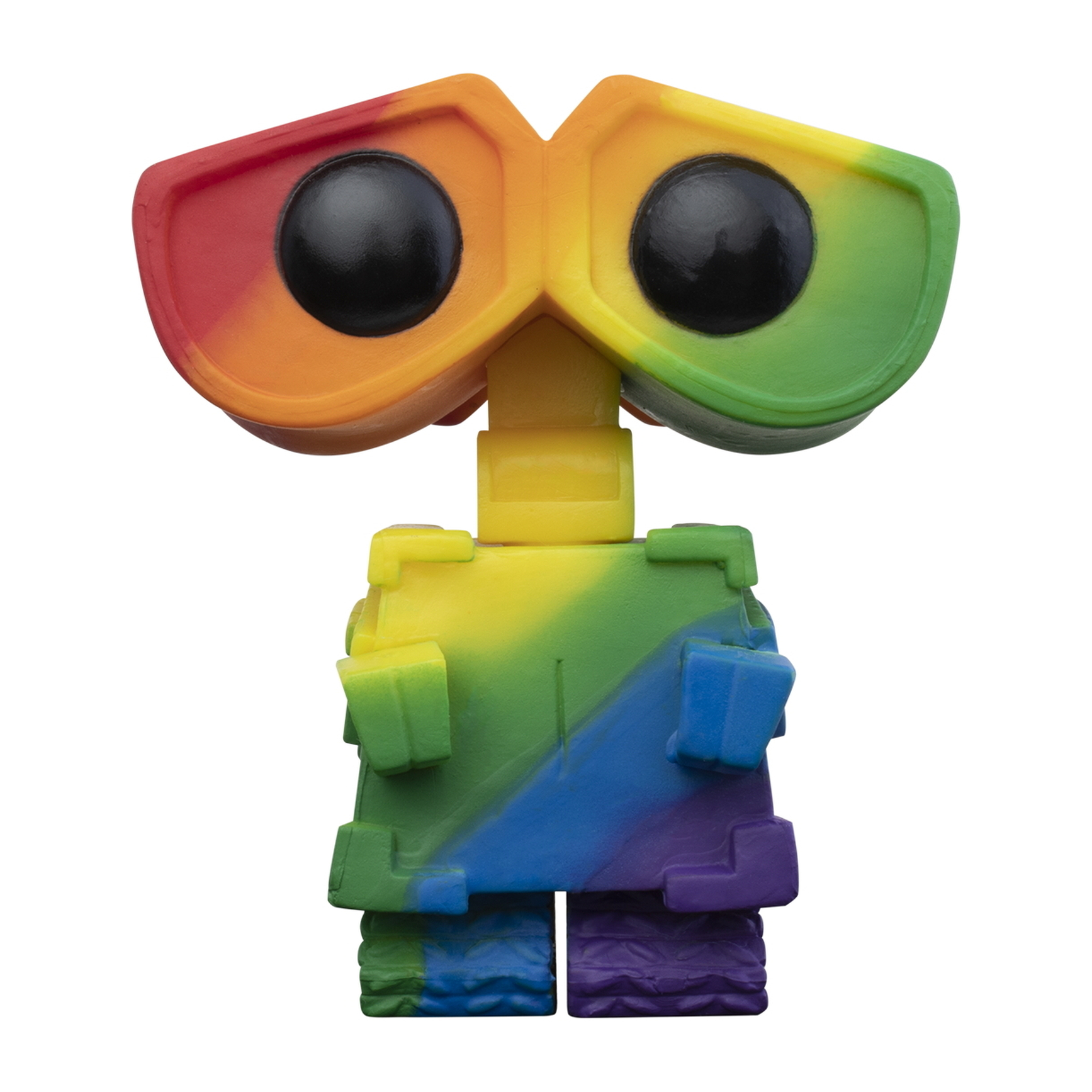 Ein Funko Pop von Wall-E. Der Roboter ist wie ein Regenbogen gefärbt.
