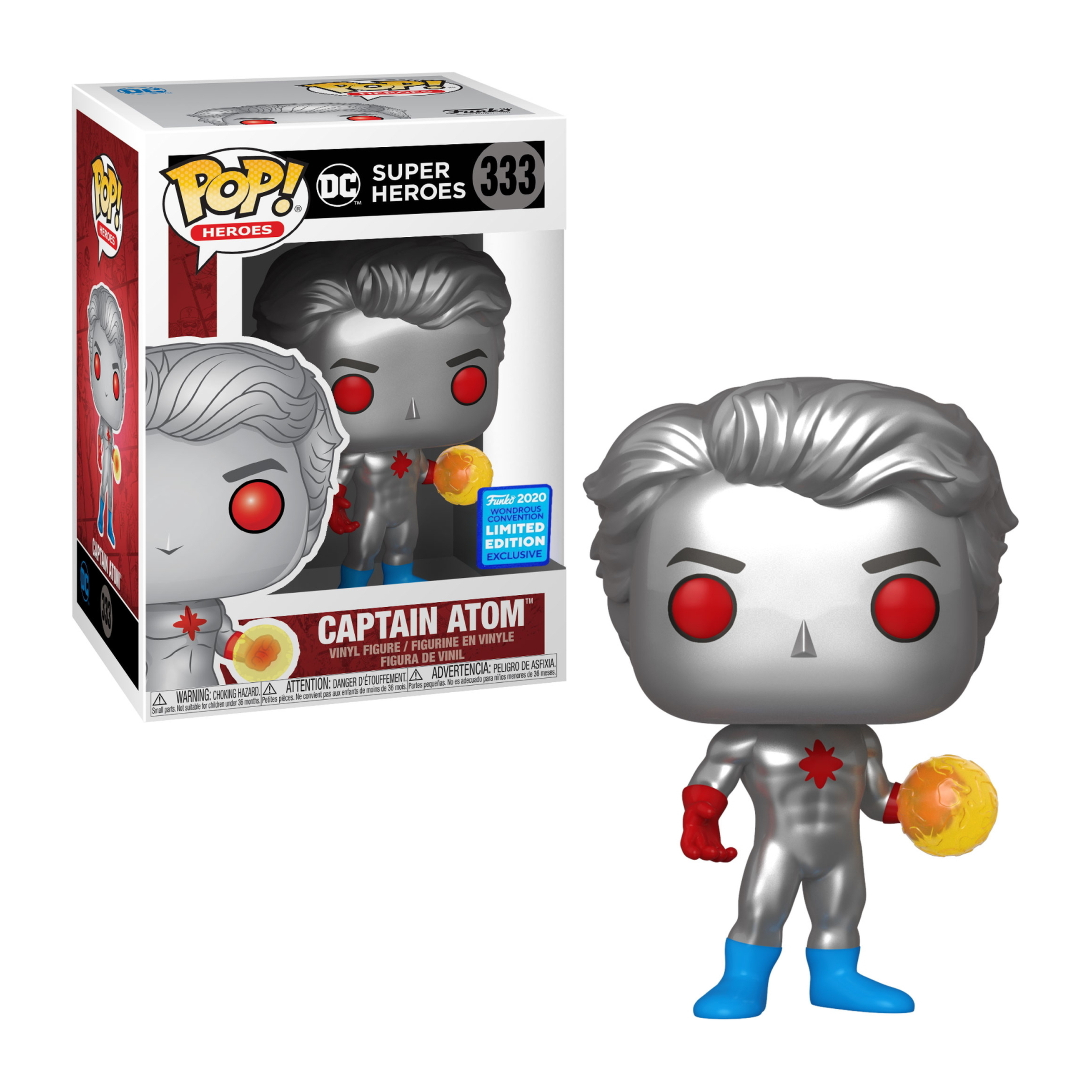 Figura di Captain Atom Funko Pop con scatola, corpo argentato, occhi rossi e una palla gialla.